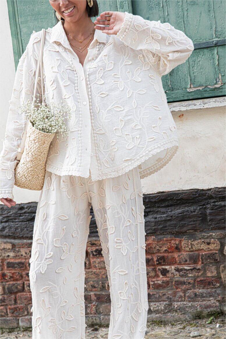 Embroidered Solid Long Sleeve Shirt & Embroidered Solid Pants Set