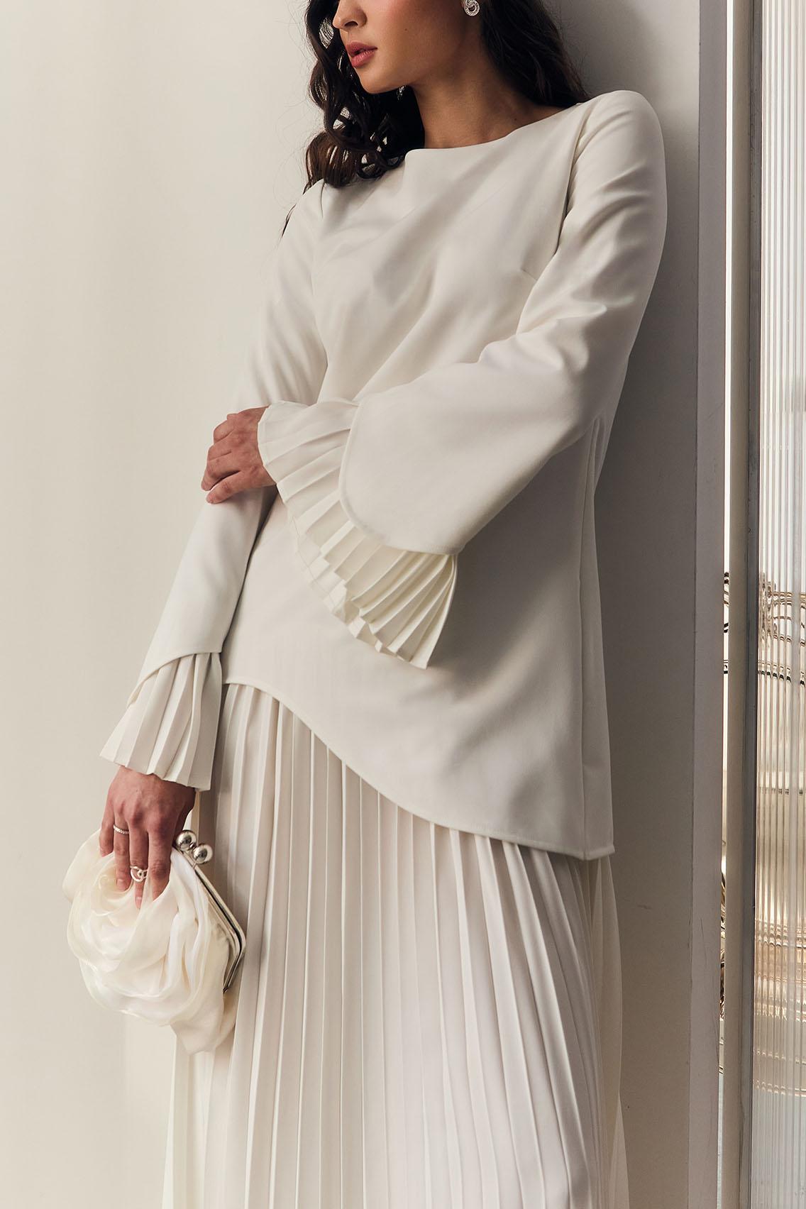 Pleated Bell Sleeve Top & High Waist Midi Skirt Set