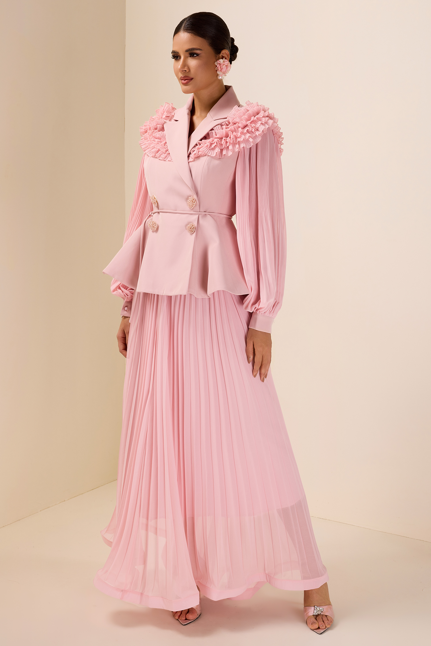 Frill Tailored Collar Pleated Top & Maxi Skirt Set