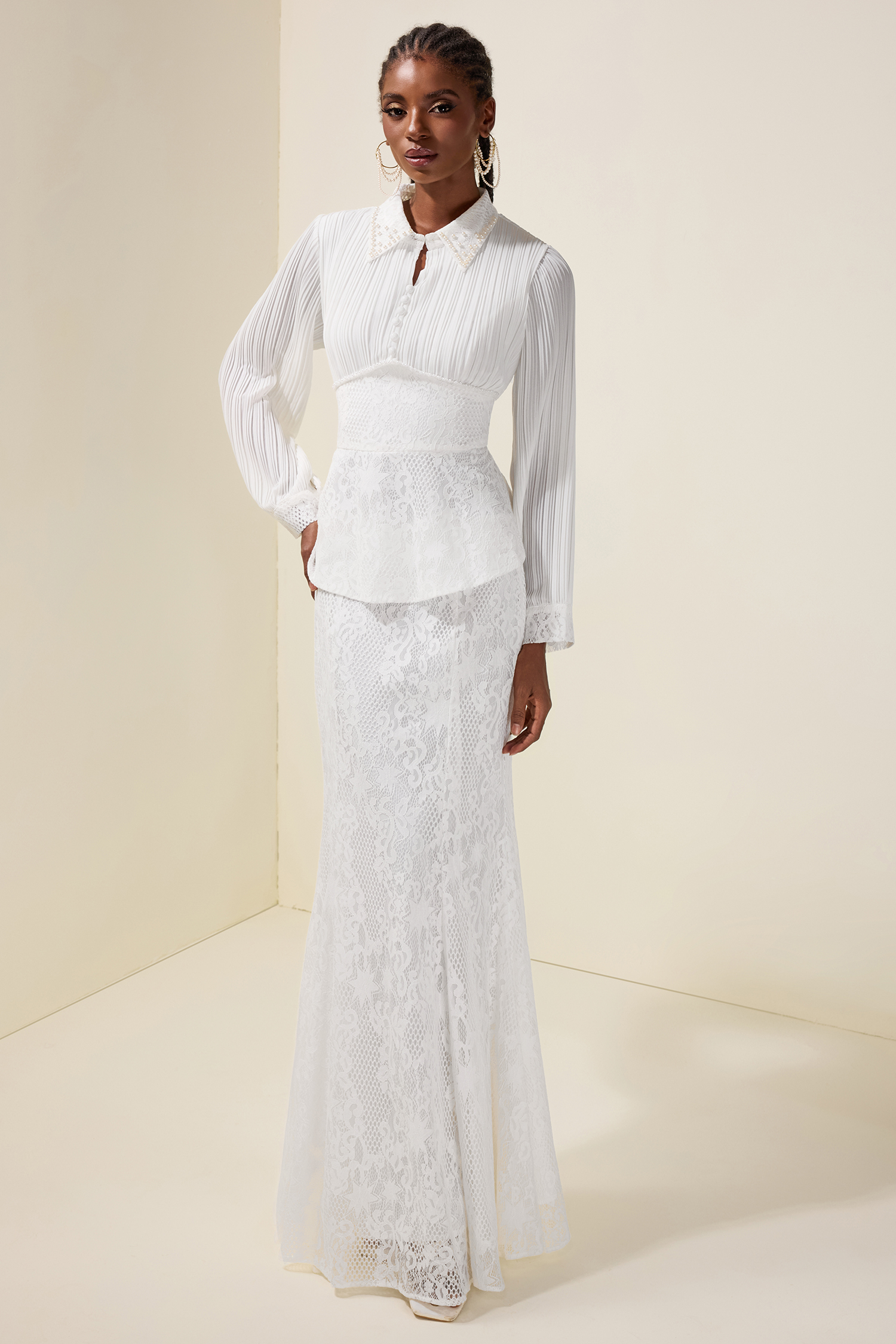 Faux Pearl Pleated Top & Lace High Waist Maxi Skirt Set