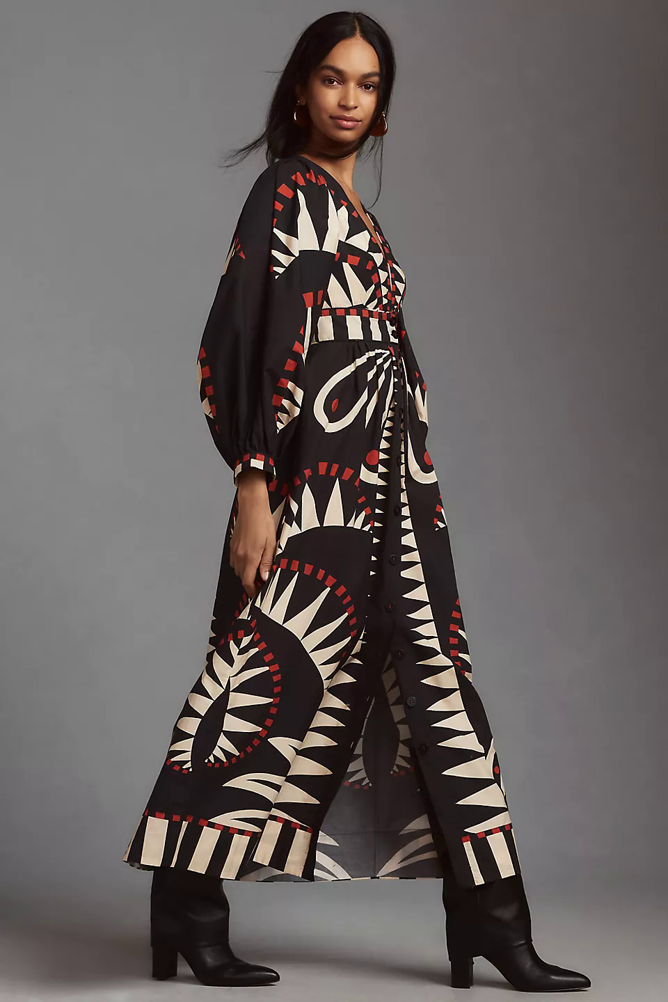 Single Breasted Puff Sleeve V-Neck Midi Dress