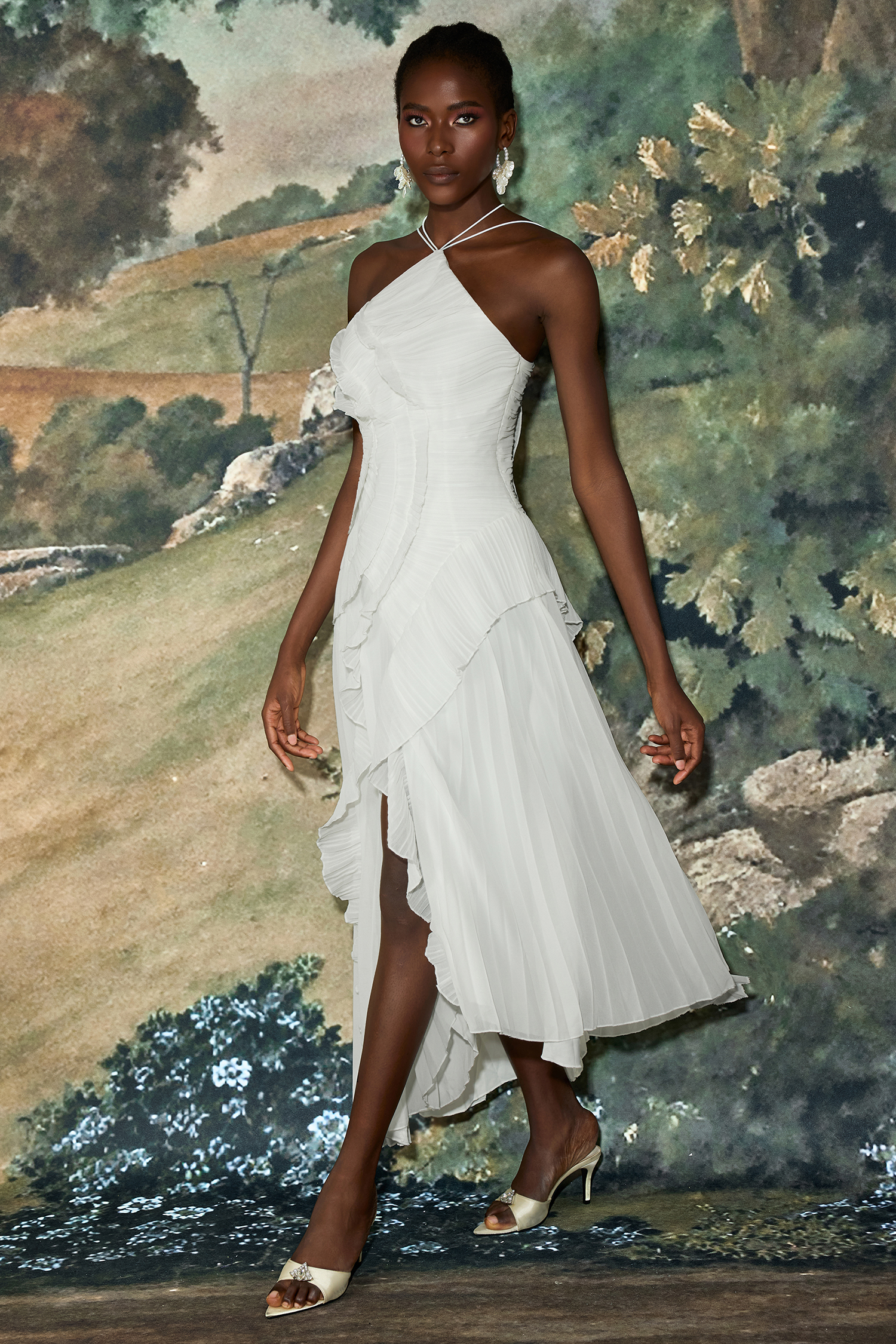 Pleated Frill Halter Neck Midi Dress