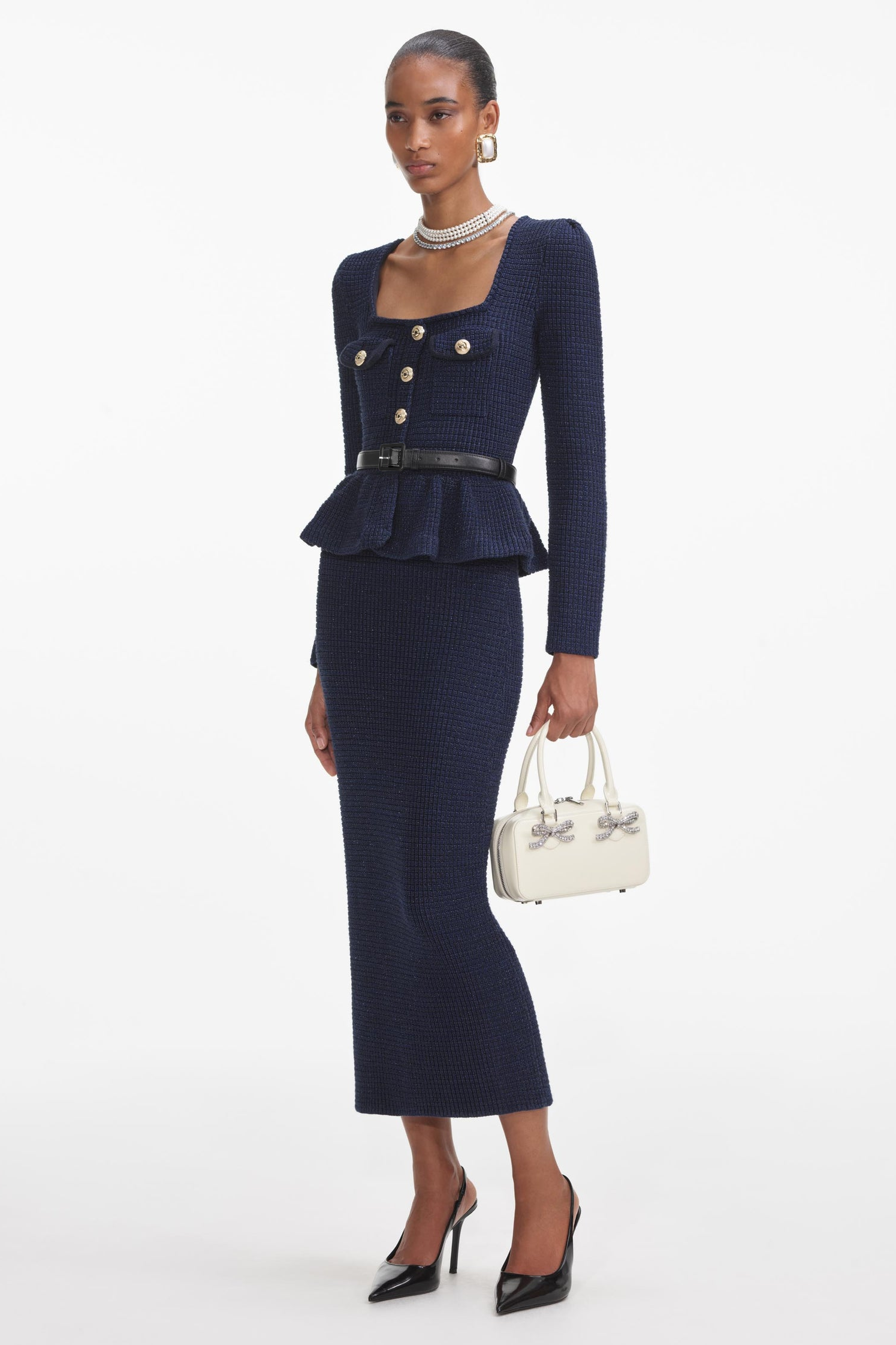 Knit Metal Button Square Collar Top & Mid Waist Midi Skirt Set