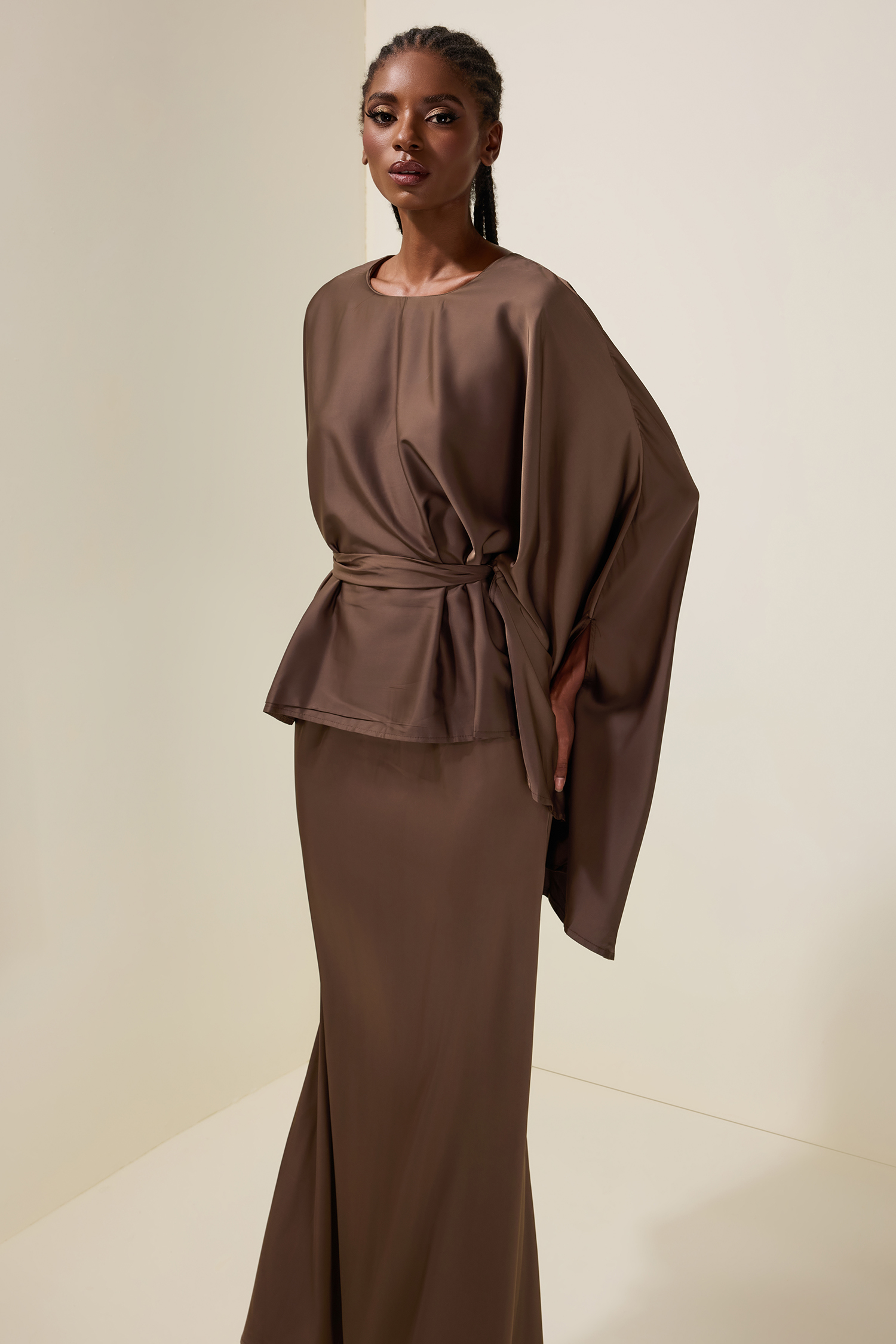 Satin Batwing Sleeve Top & Mid Waist Midi Skirt Set