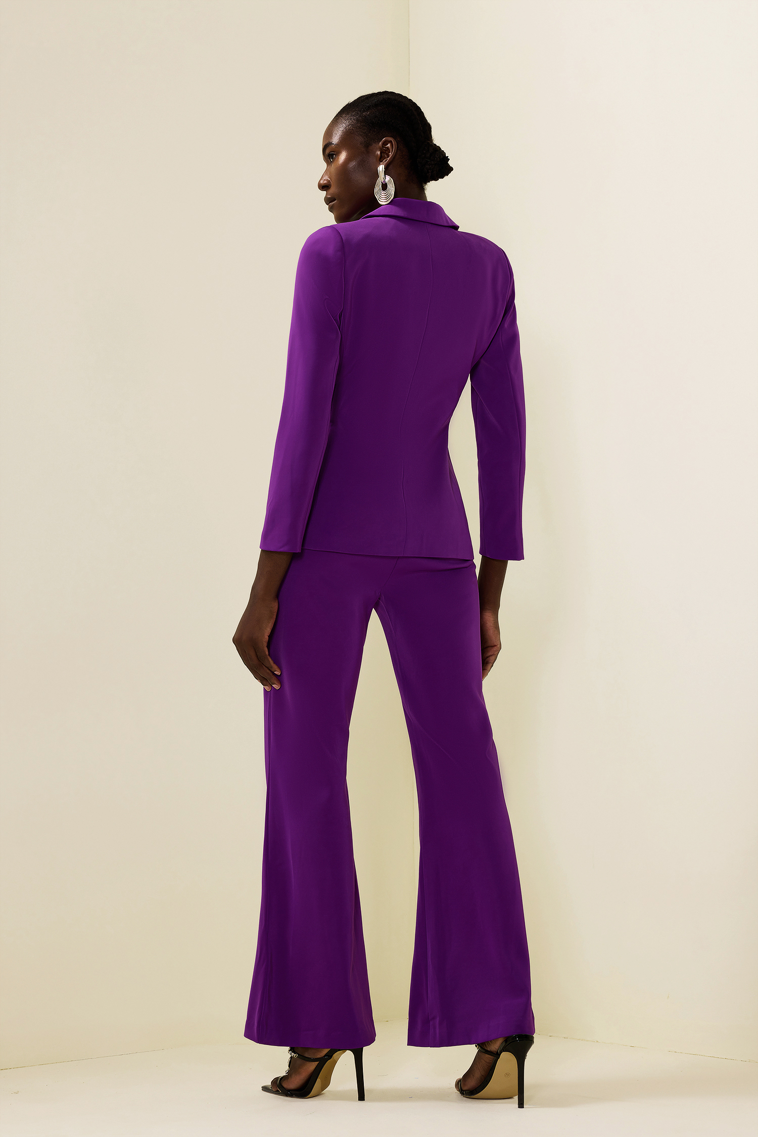 Solid Ruched Bottom Blazer ＆Mid Waist Solid Pants Set