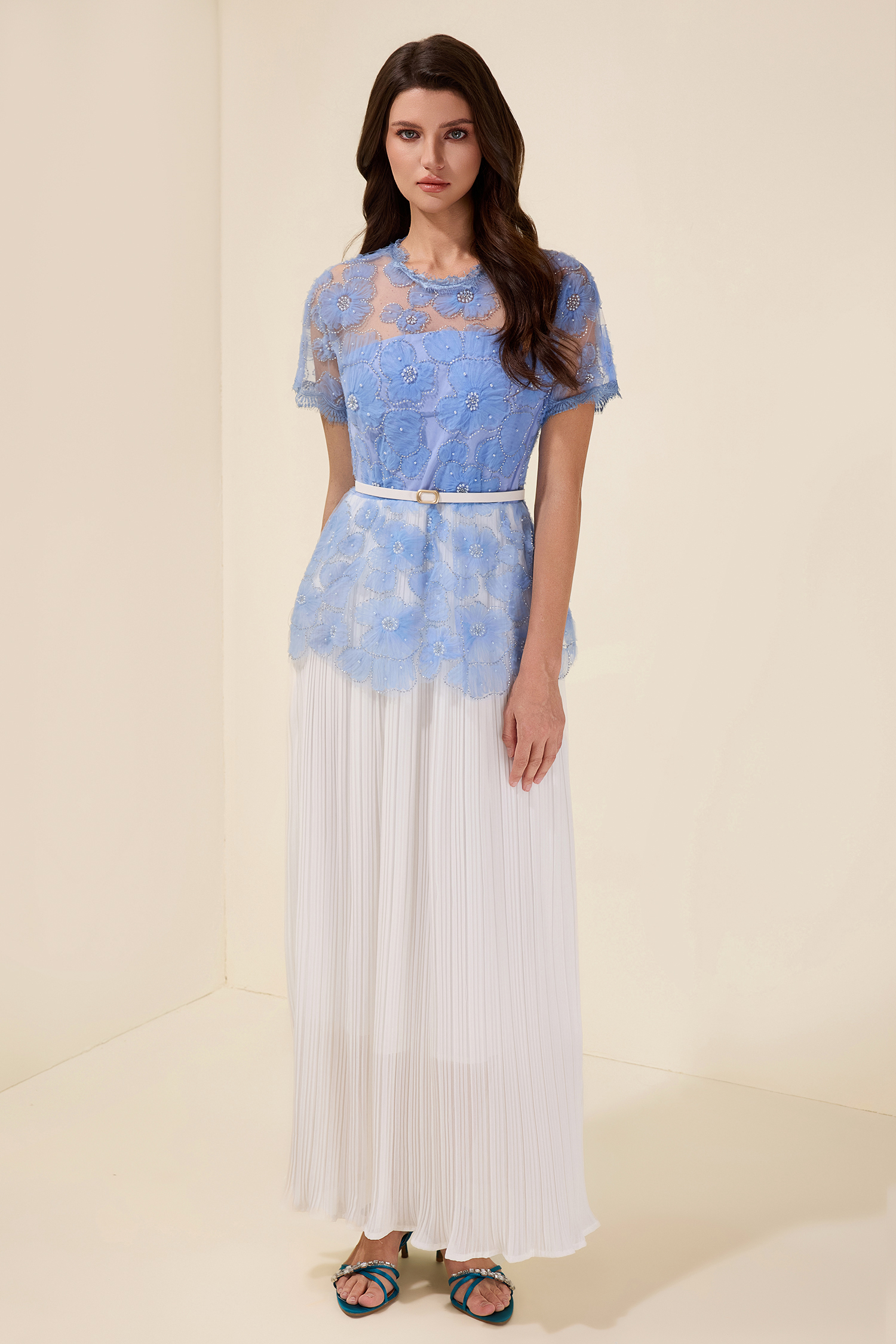 Lace Splicing Pleated Midi Dress With Belt