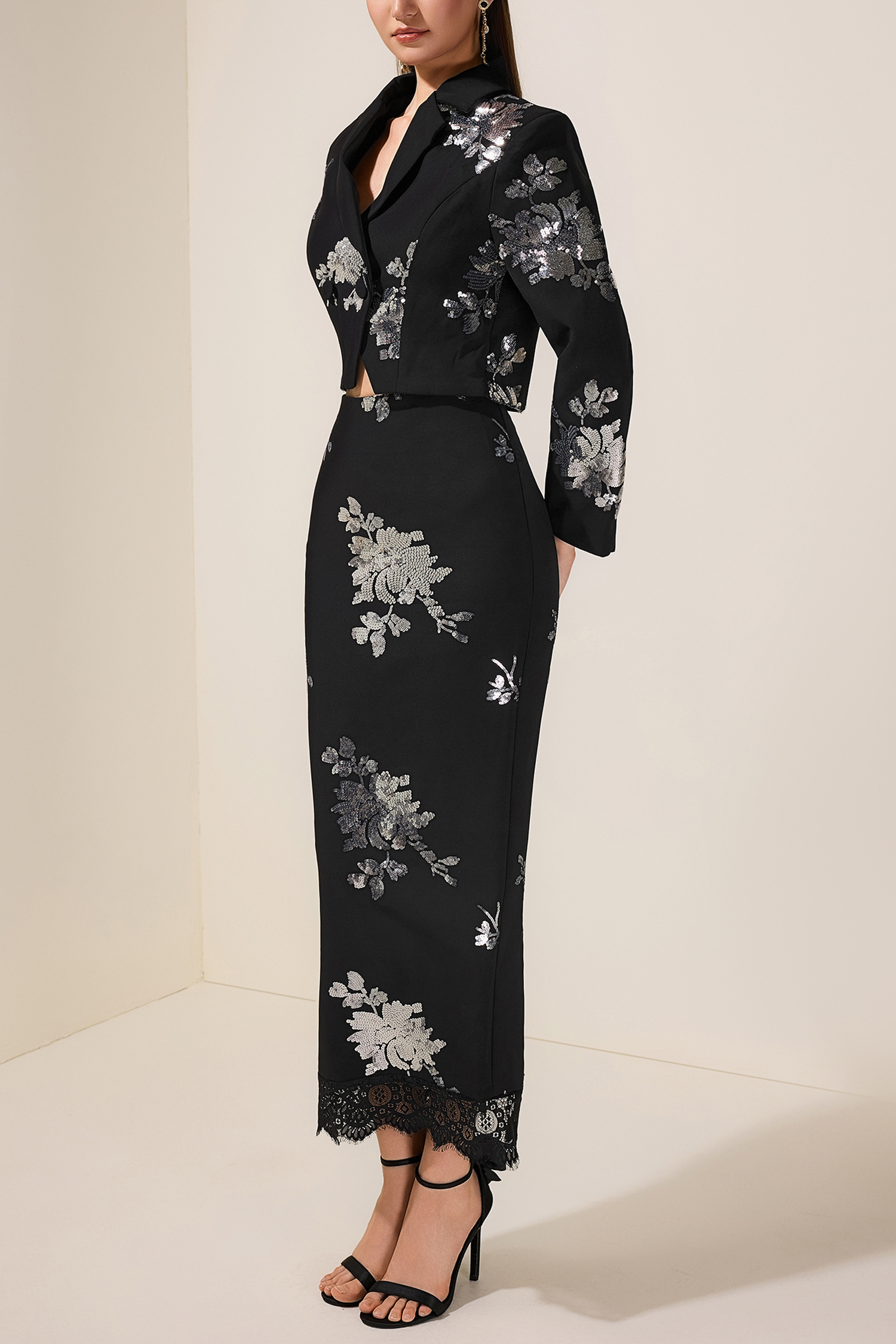 Sequin Floral Tailored Collar Blazer & High Waist Lace Midi Skirt Set