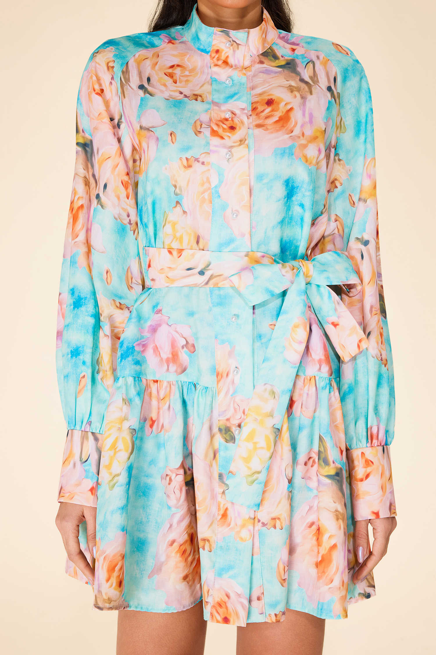 Floral Lantern Sleeve Mini Dress With Belt