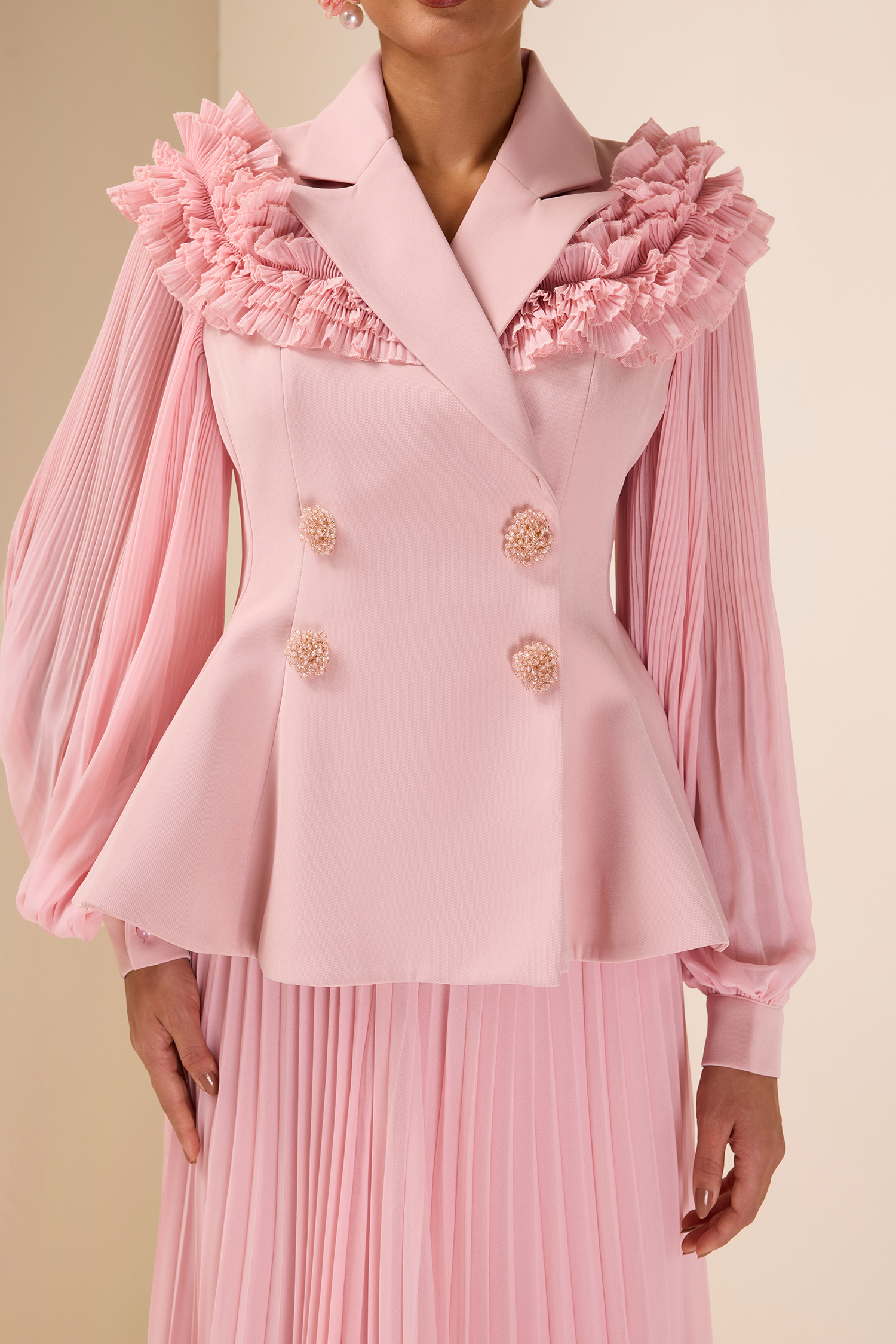 Frill Tailored Collar Pleated Top & Maxi Skirt Set