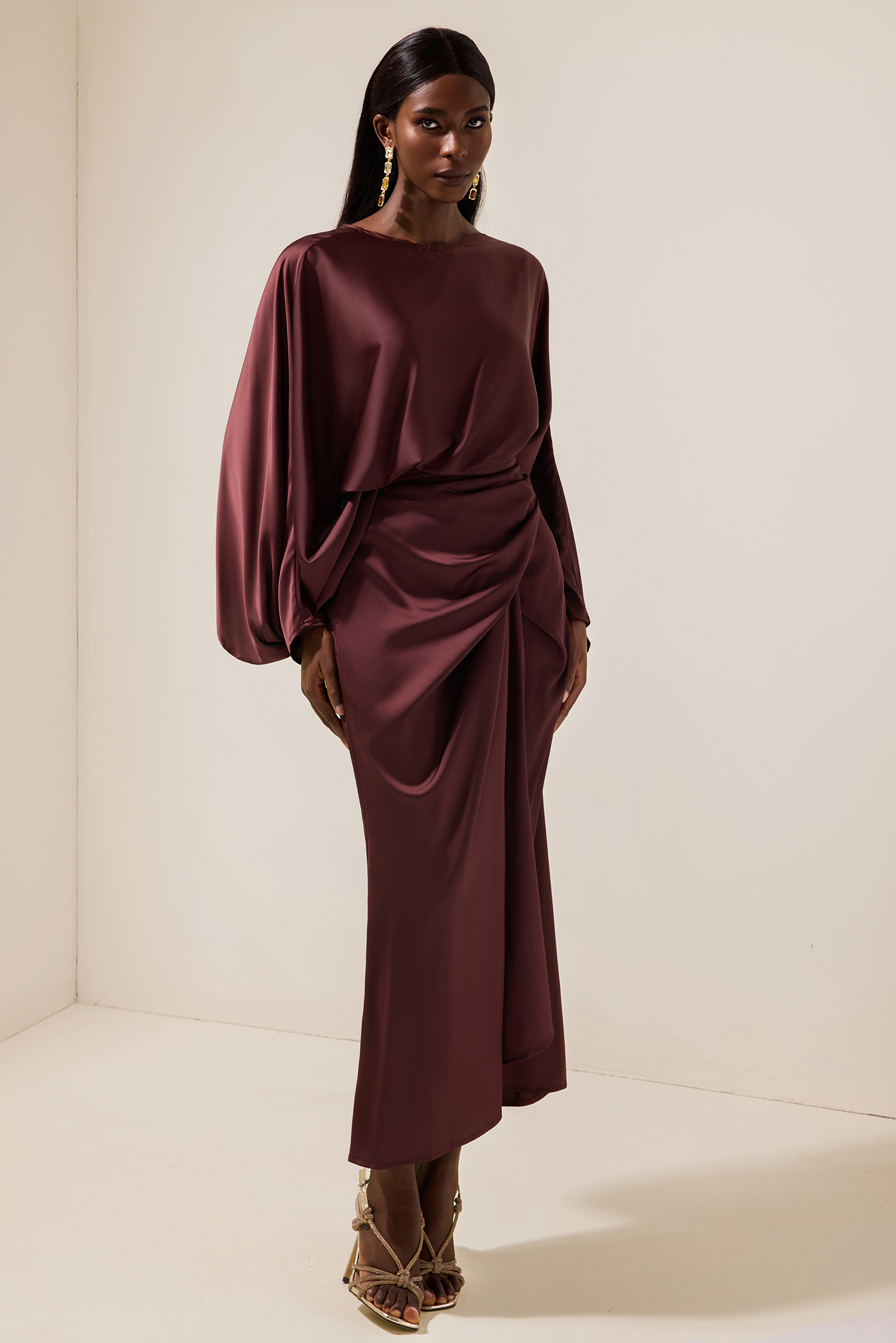 Satin Batwing Sleeve Top & Wrap Dress Midi Skirt Set