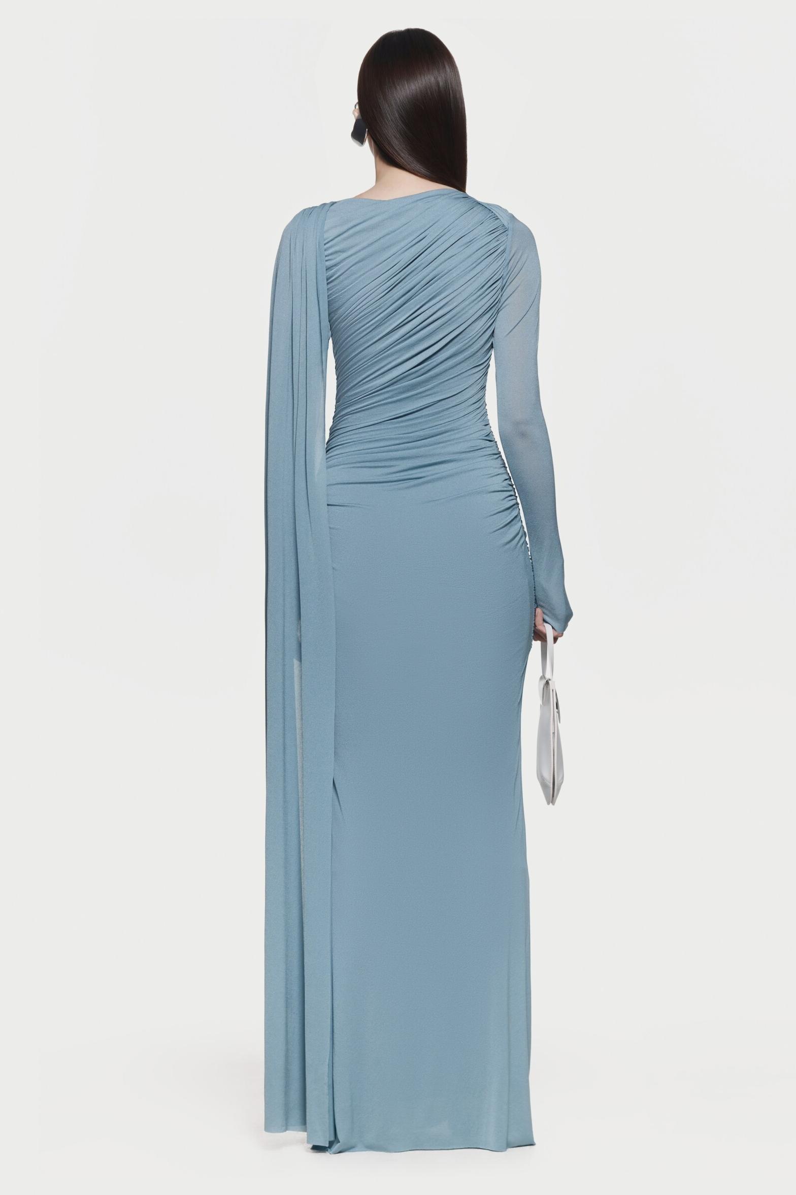 Solid Gathering Metal Button Cape Sleeve Maxi Dress