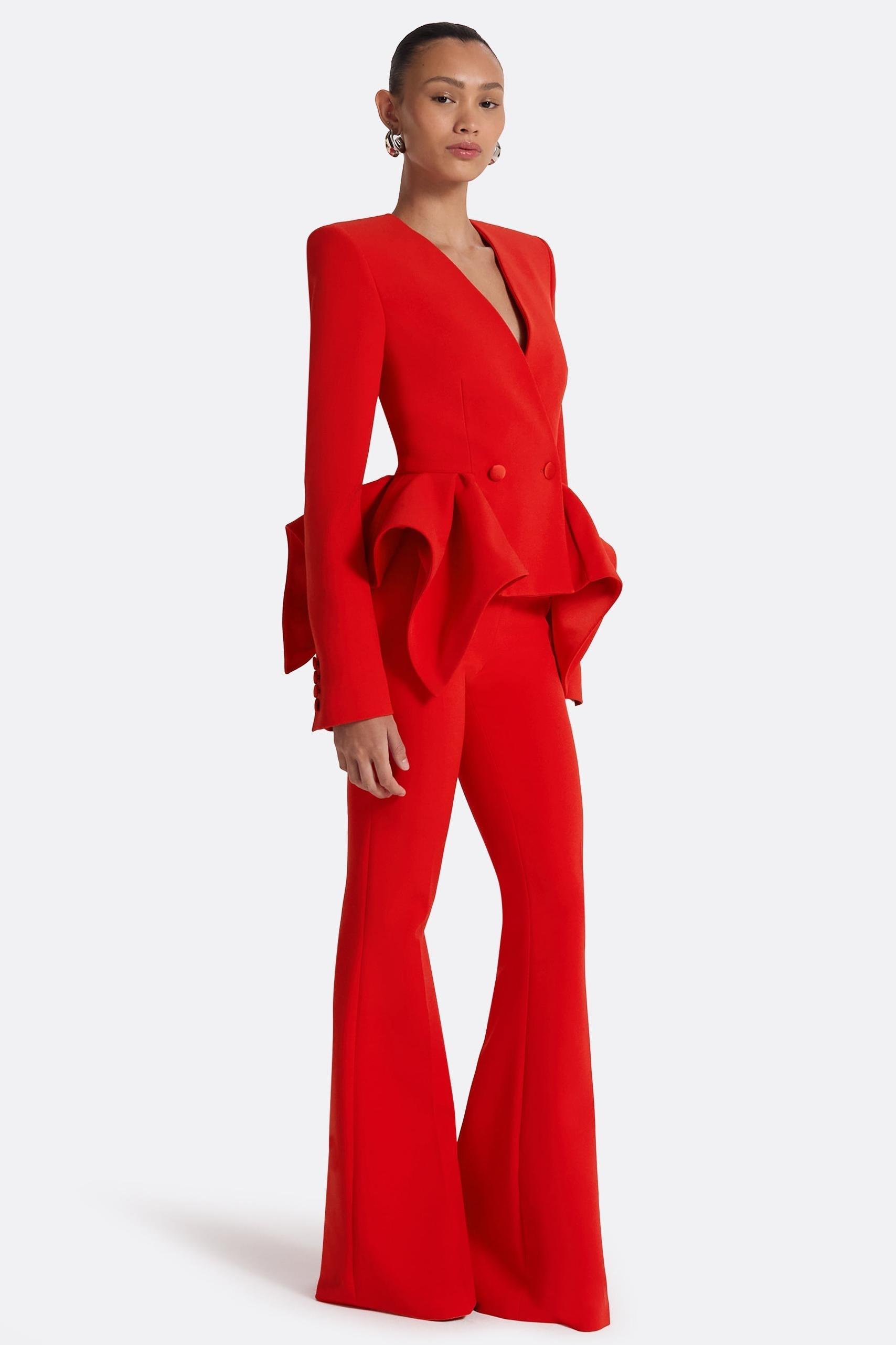 Ruffle V-Neck Blazer & High Waist Pants Set