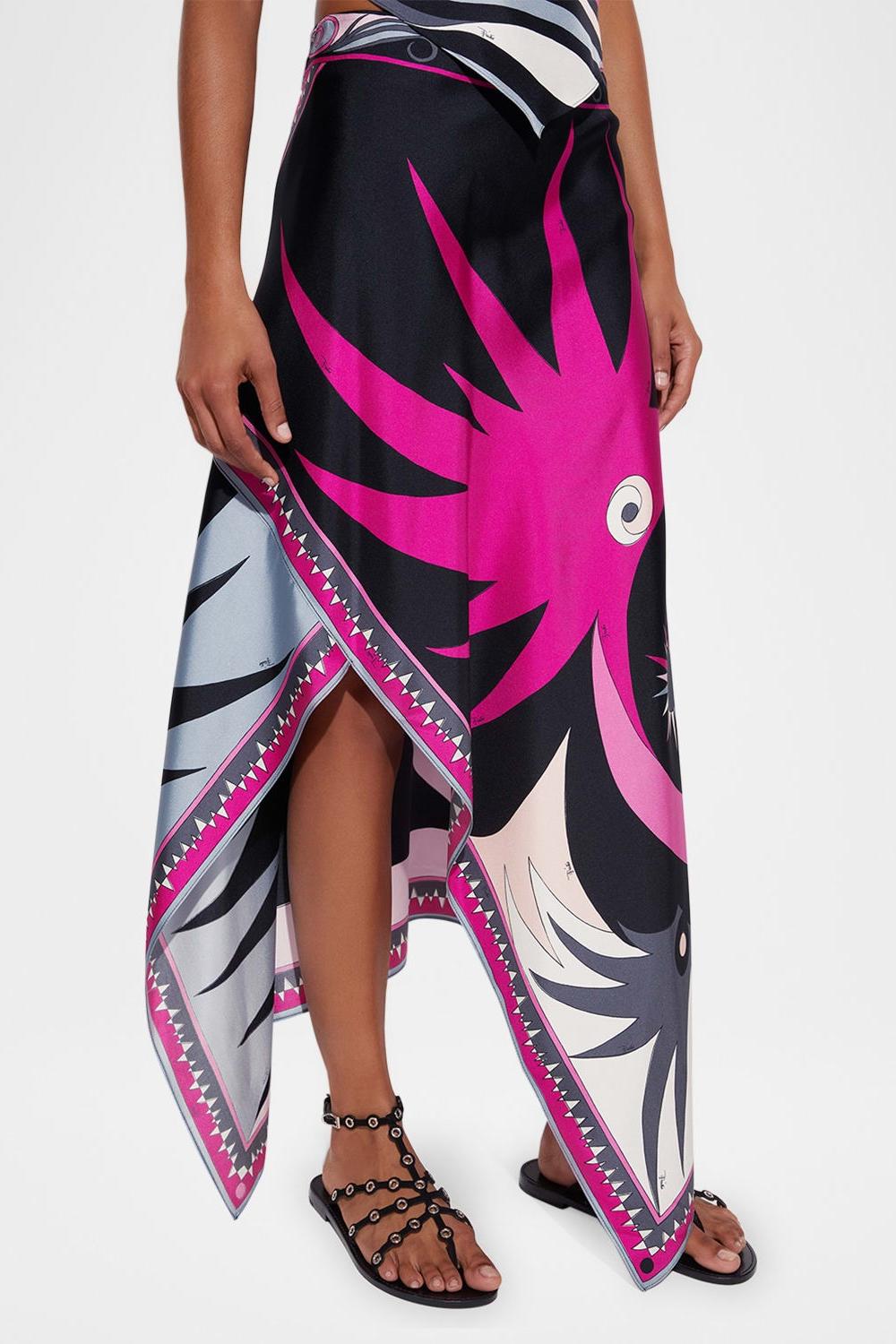 Satin Halter Neck Mini Top & Scarf Print Mid Waist Midi Skirt Set