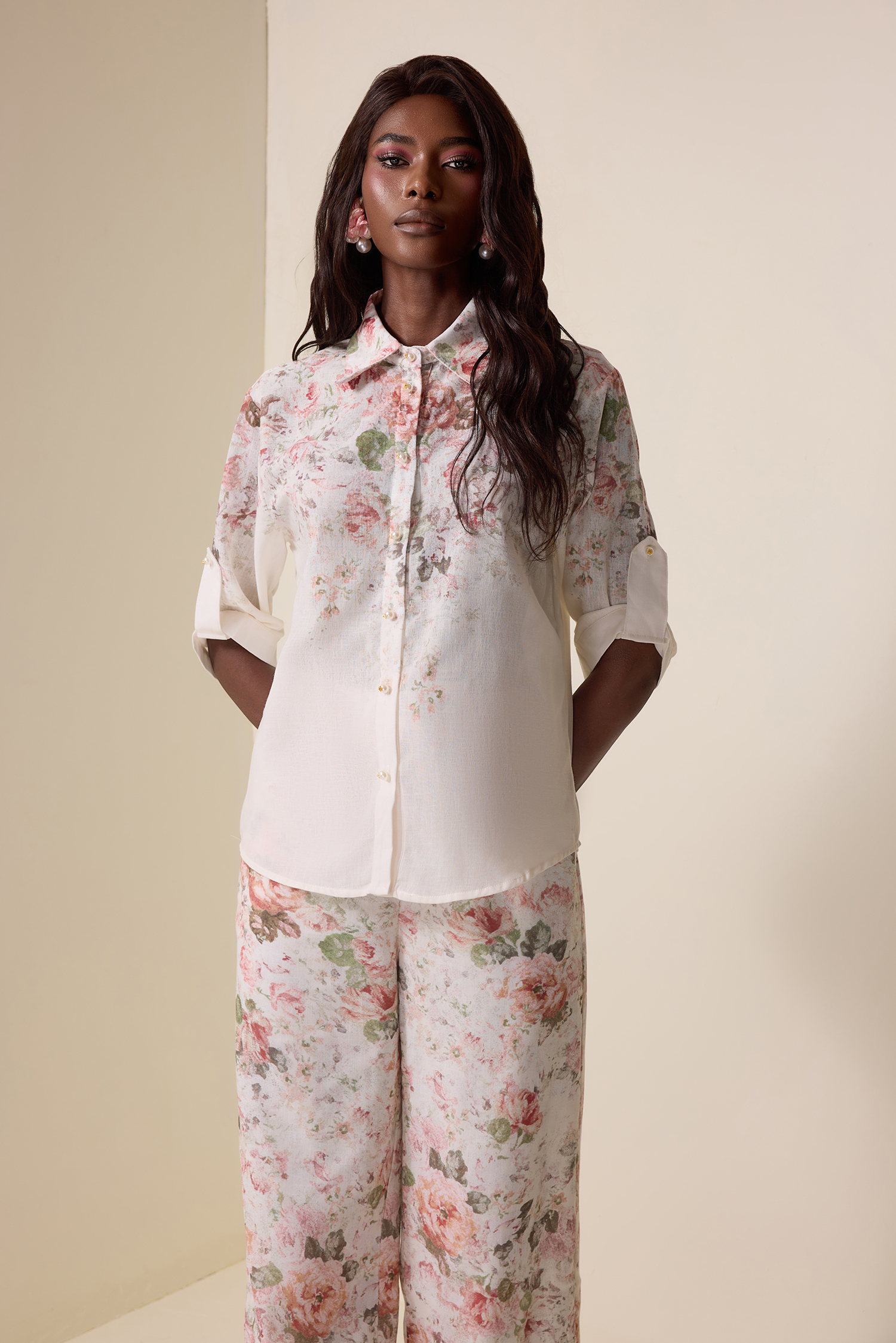 Floral Shirt Collar Short Sleeve Top & High Waist Pants Set