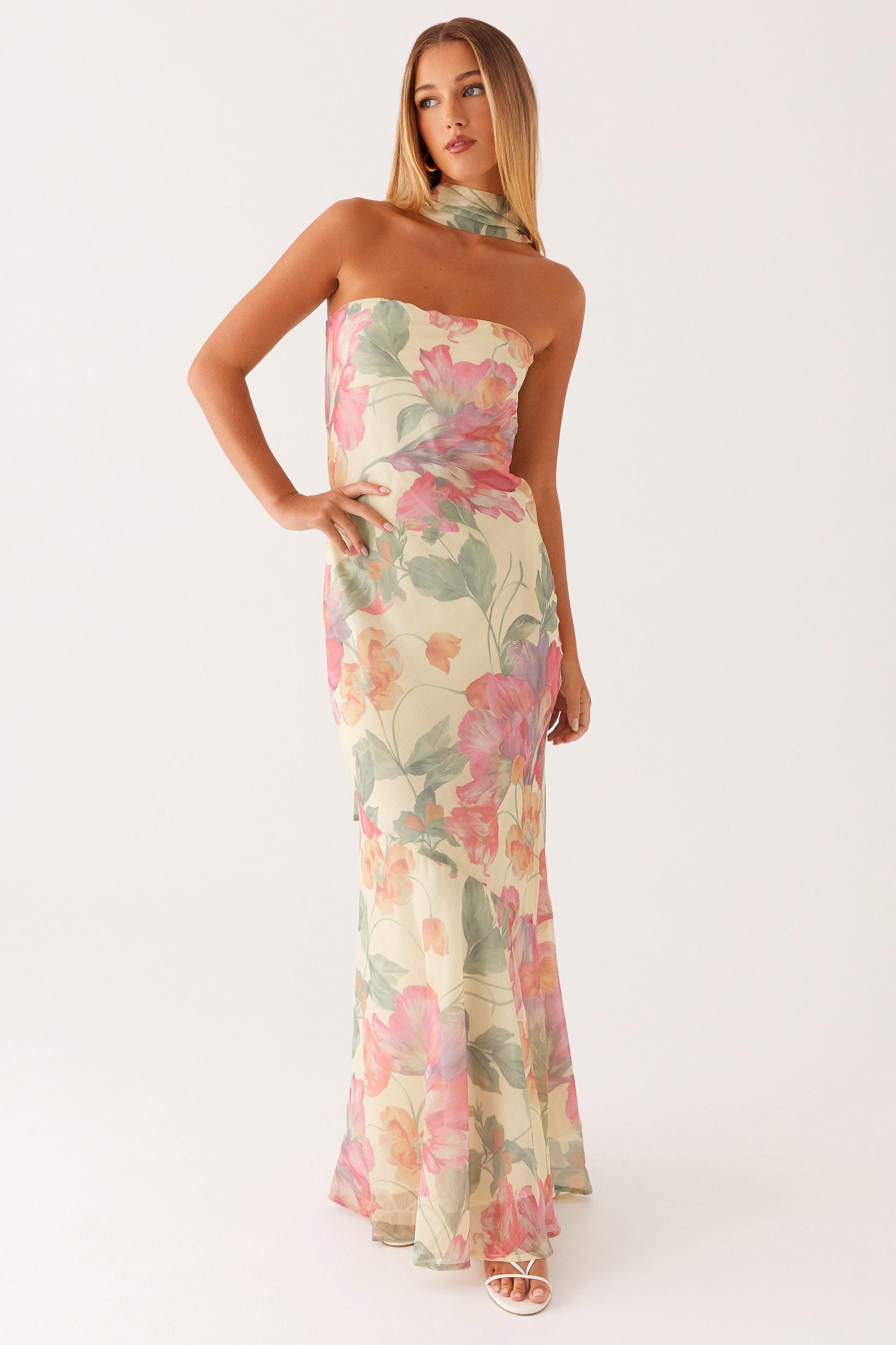 Floral Chiffon Strapless Maxi Dress