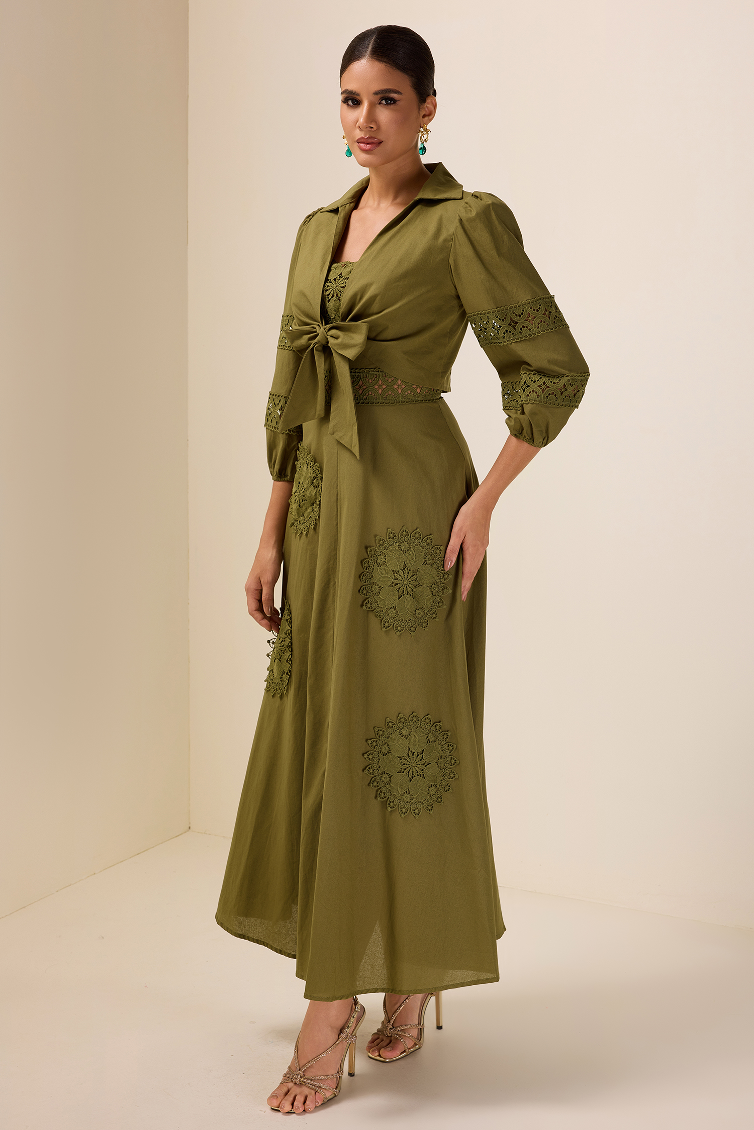 Lace Shirt Collar Lace Up Mini Top & Slip Midi Dress Set