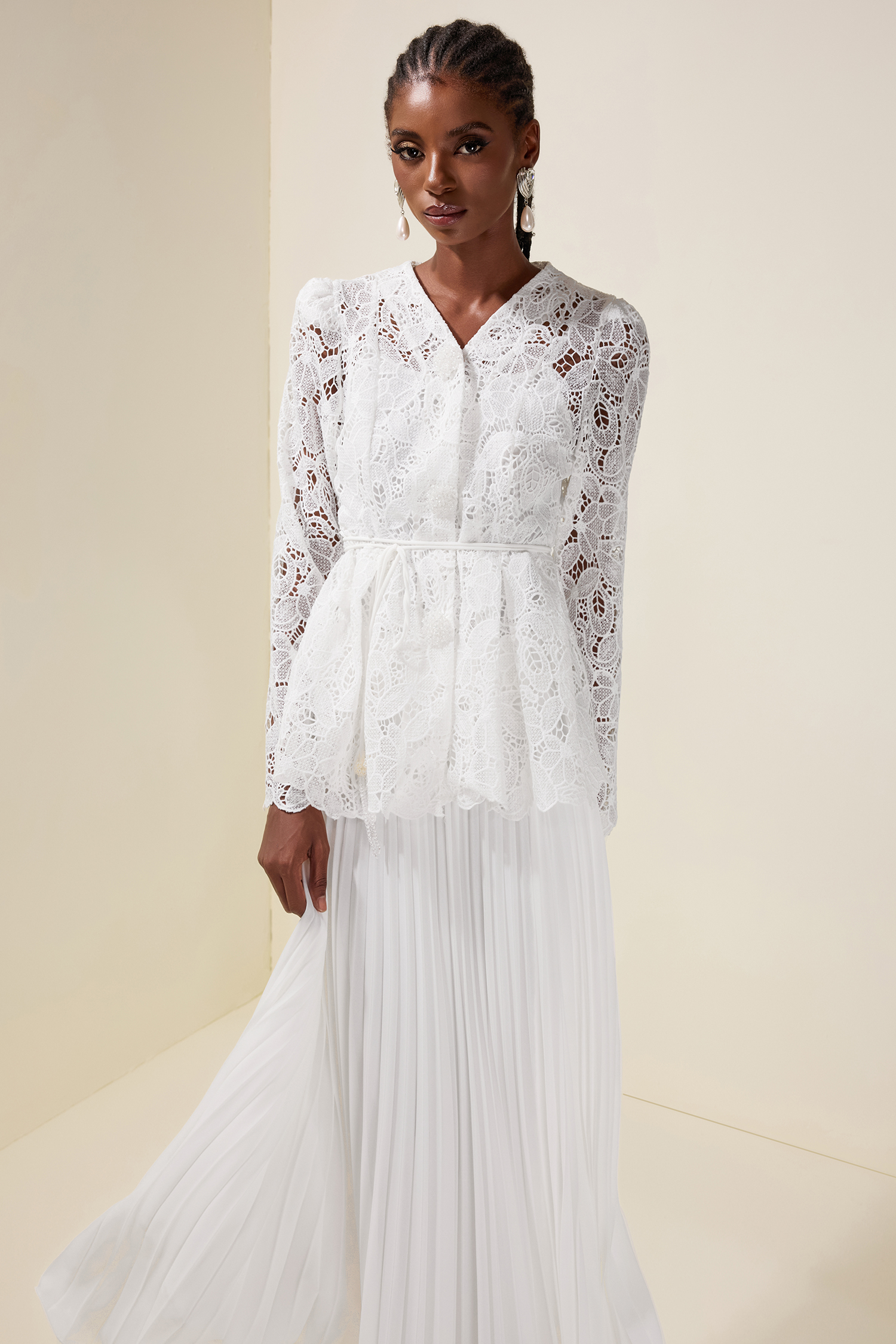 Lace Rhinestone Top With Belt & High Waist Pleated Maxi Skirt Set