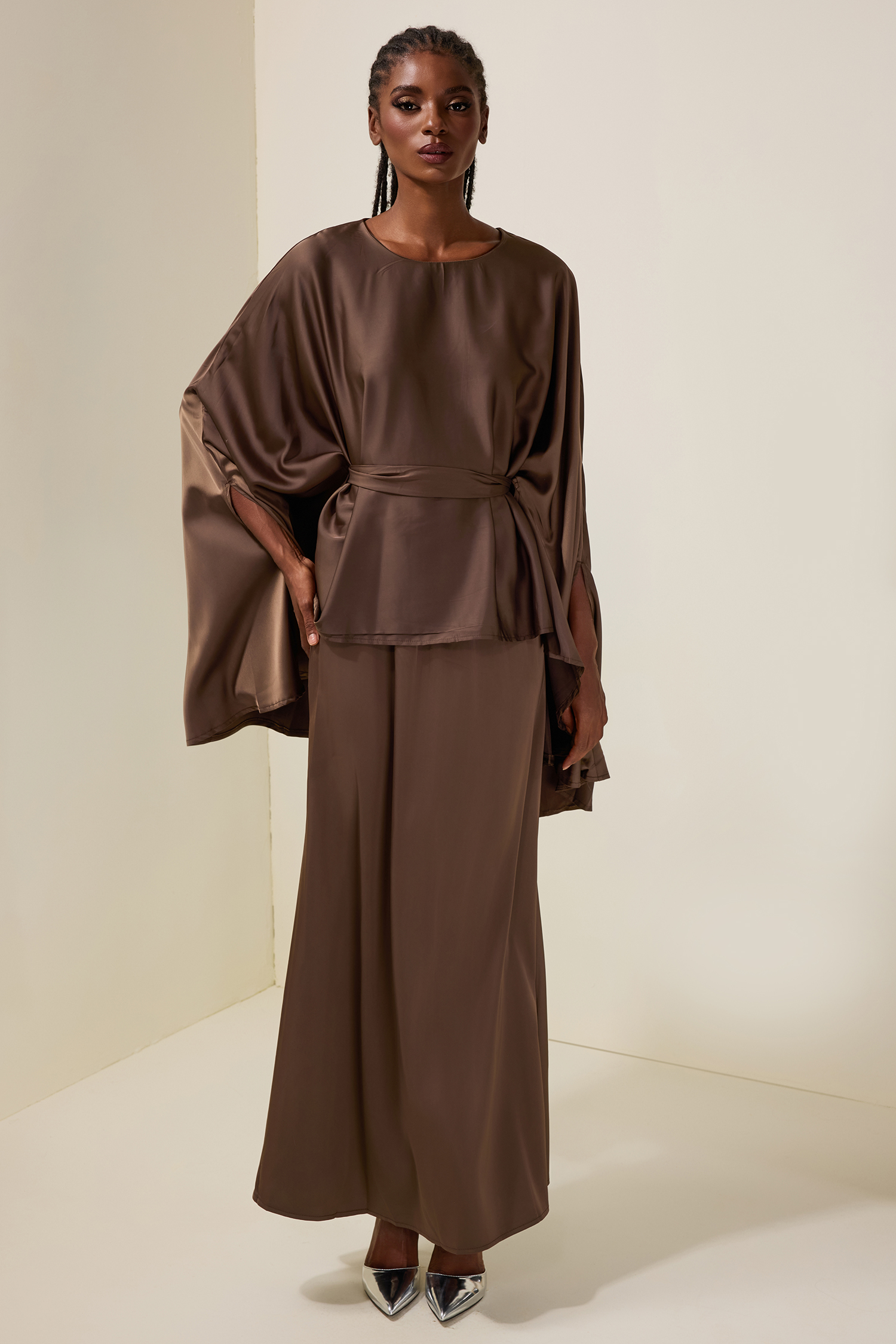 Satin Batwing Sleeve Top & Mid Waist Midi Skirt Set