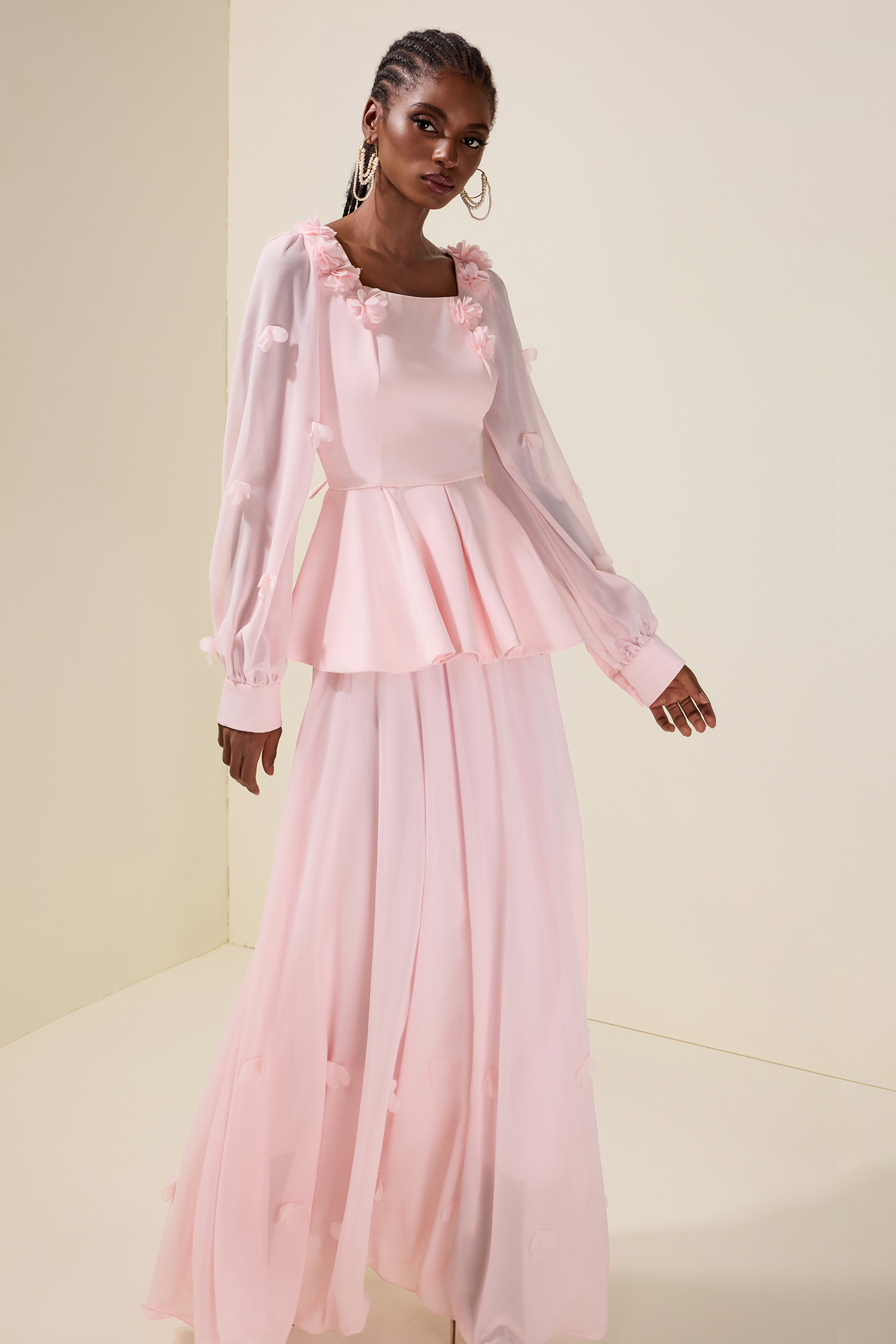 3D Flower Ruffle Top & Chiffon High Waist Midi Skirt Set