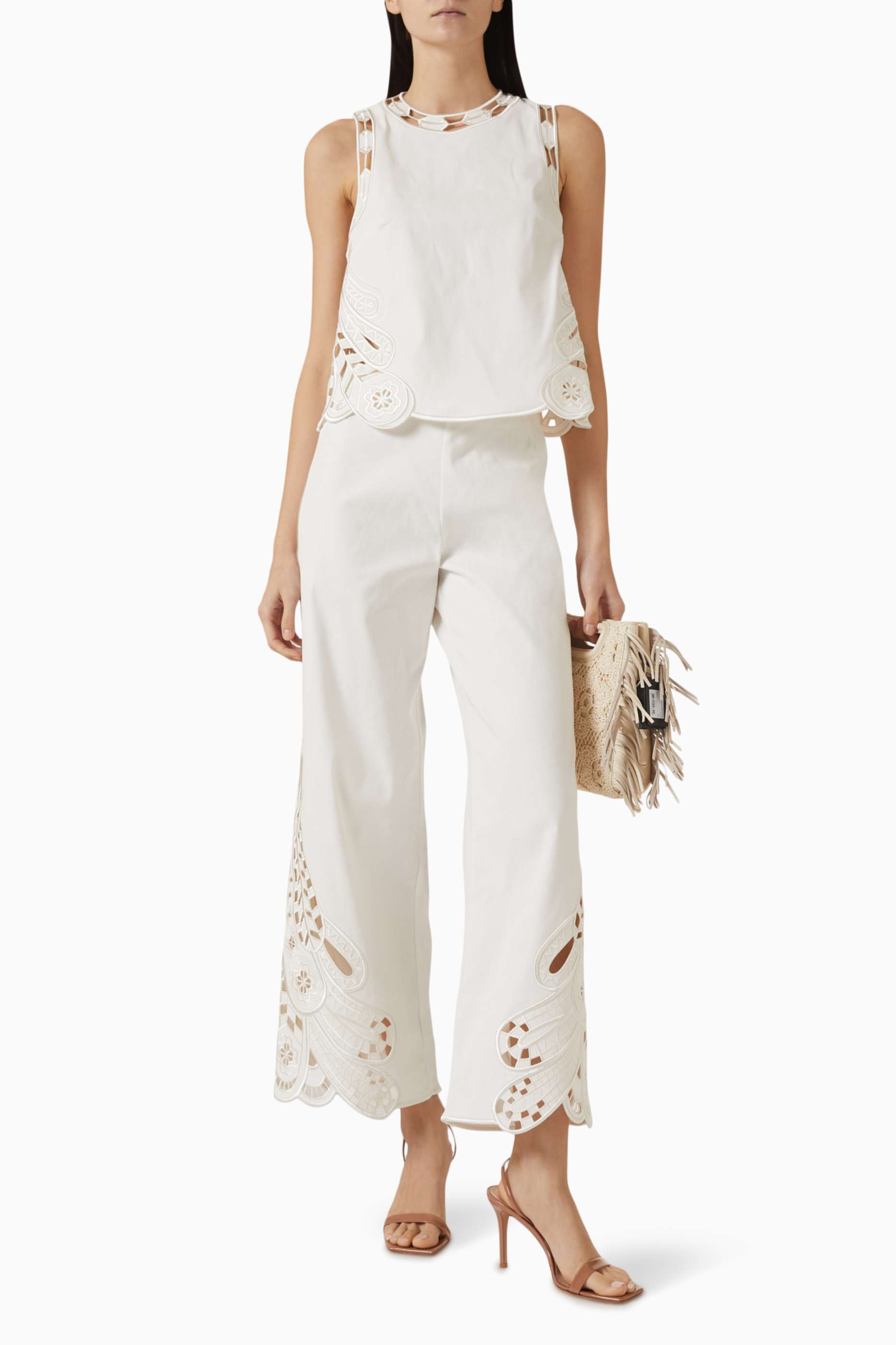 Embroidered Sleeveless Round Neck Top & High Waist Pants Set