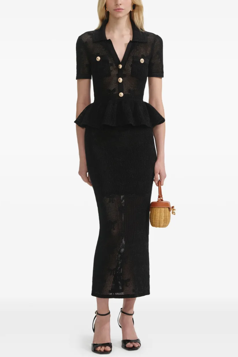 Metal Button Ruffle Top & High Waist Midi Skirt Set