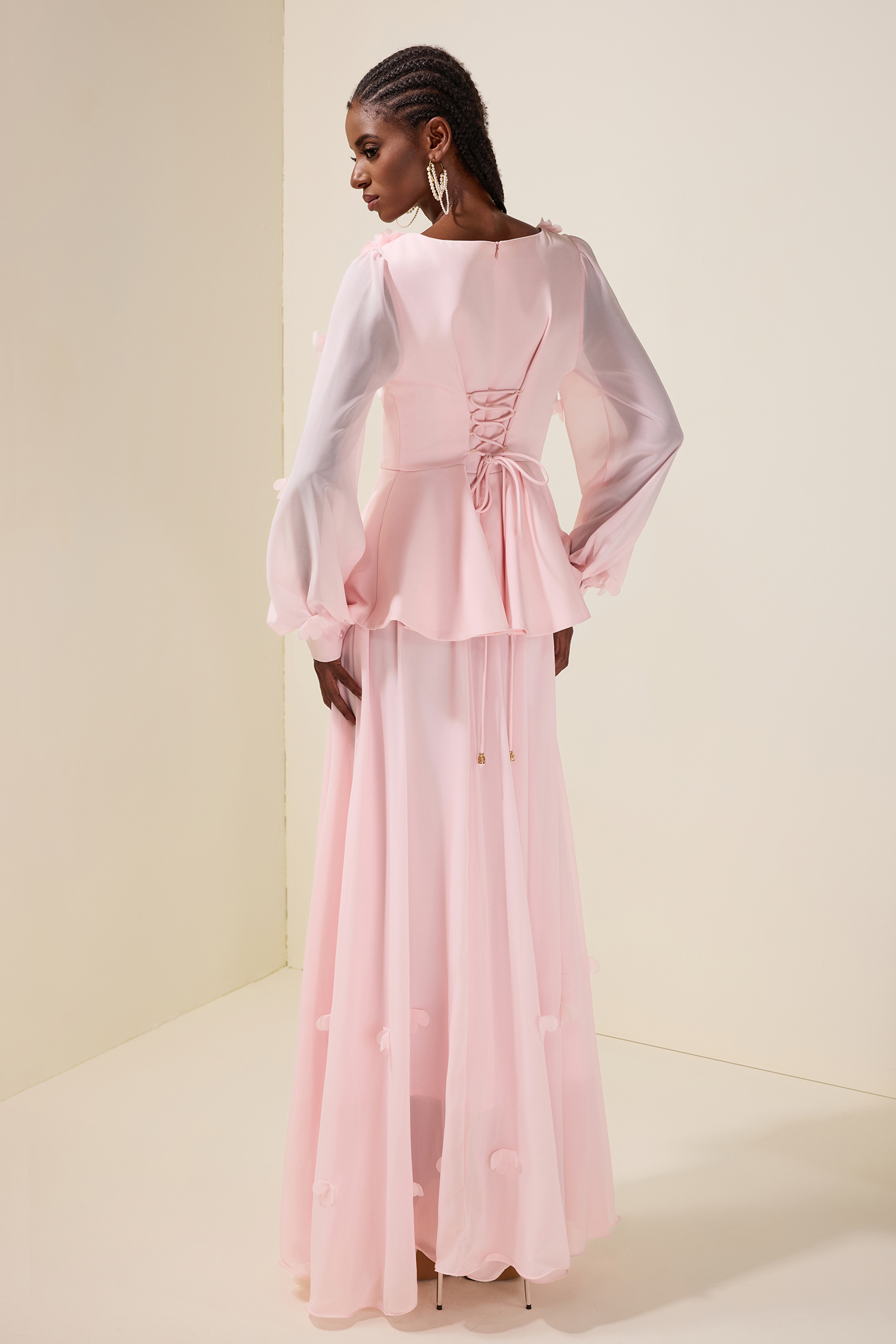 3D Flower Ruffle Top & Chiffon High Waist Midi Skirt Set