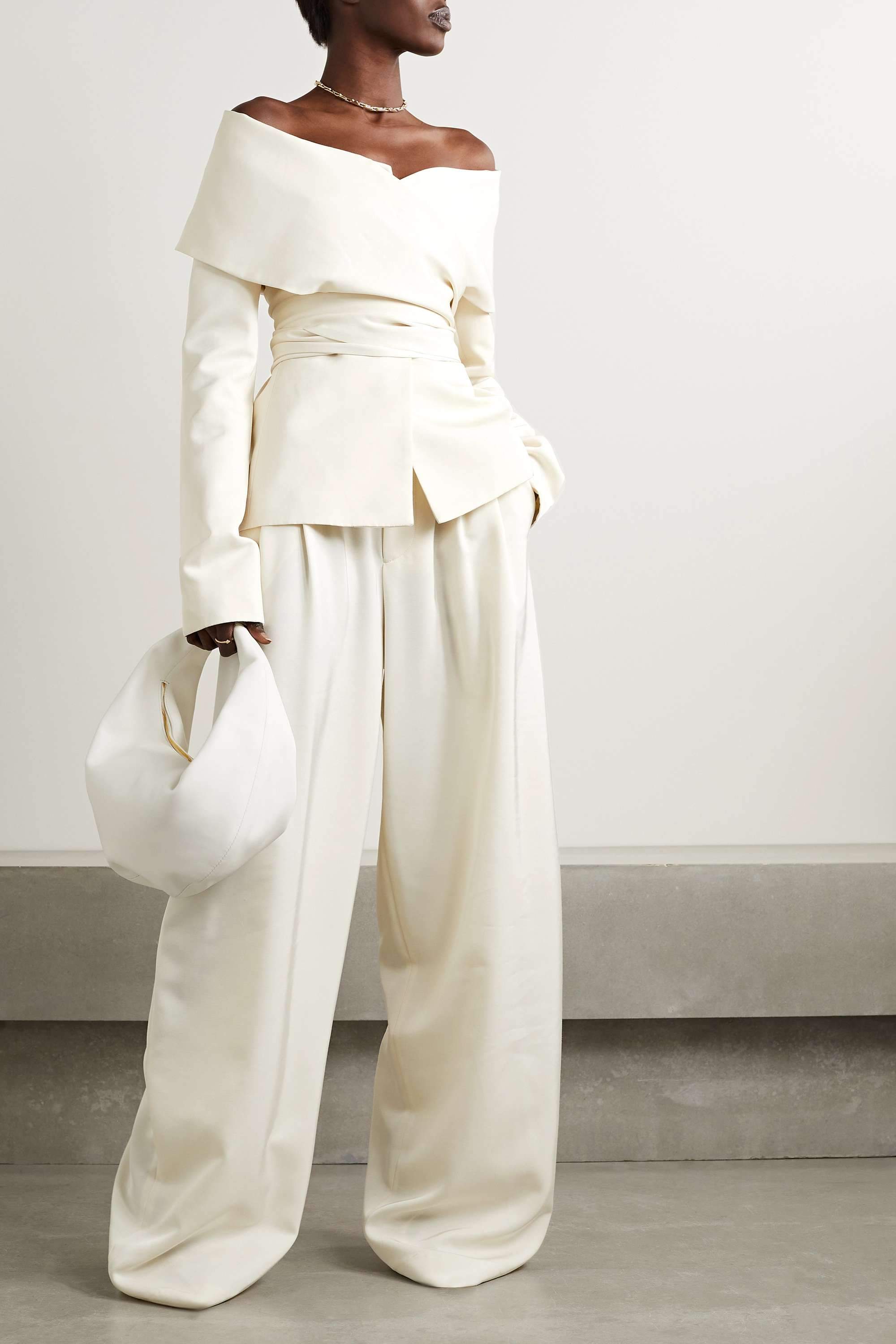 Long Sleeve Off-Shoulder Lace Up Pants Set White