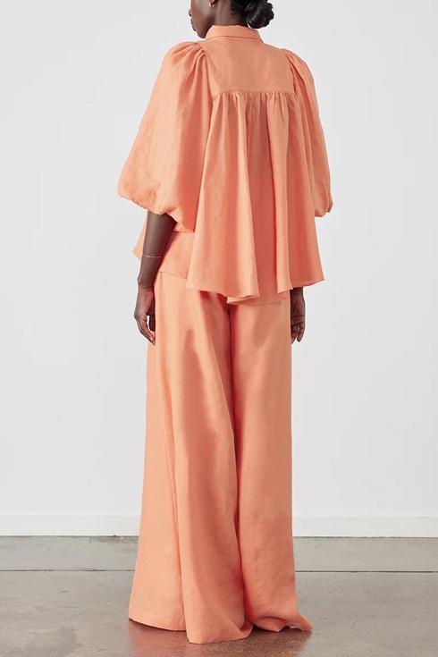 Solid Puff Sleeve Top & Mid Waist Loose Pants Set