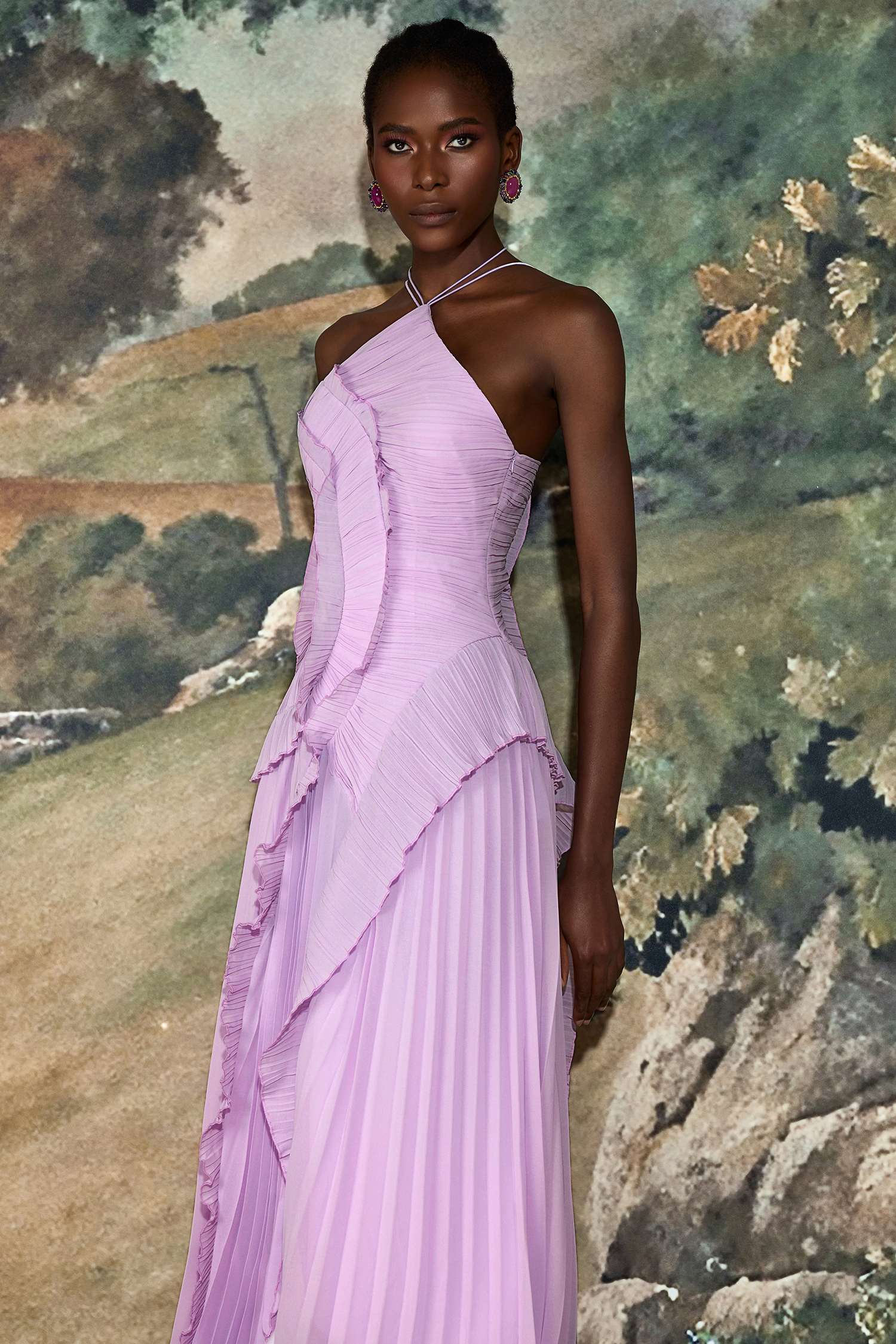 Pleated Frill Halter Neck Midi Dress