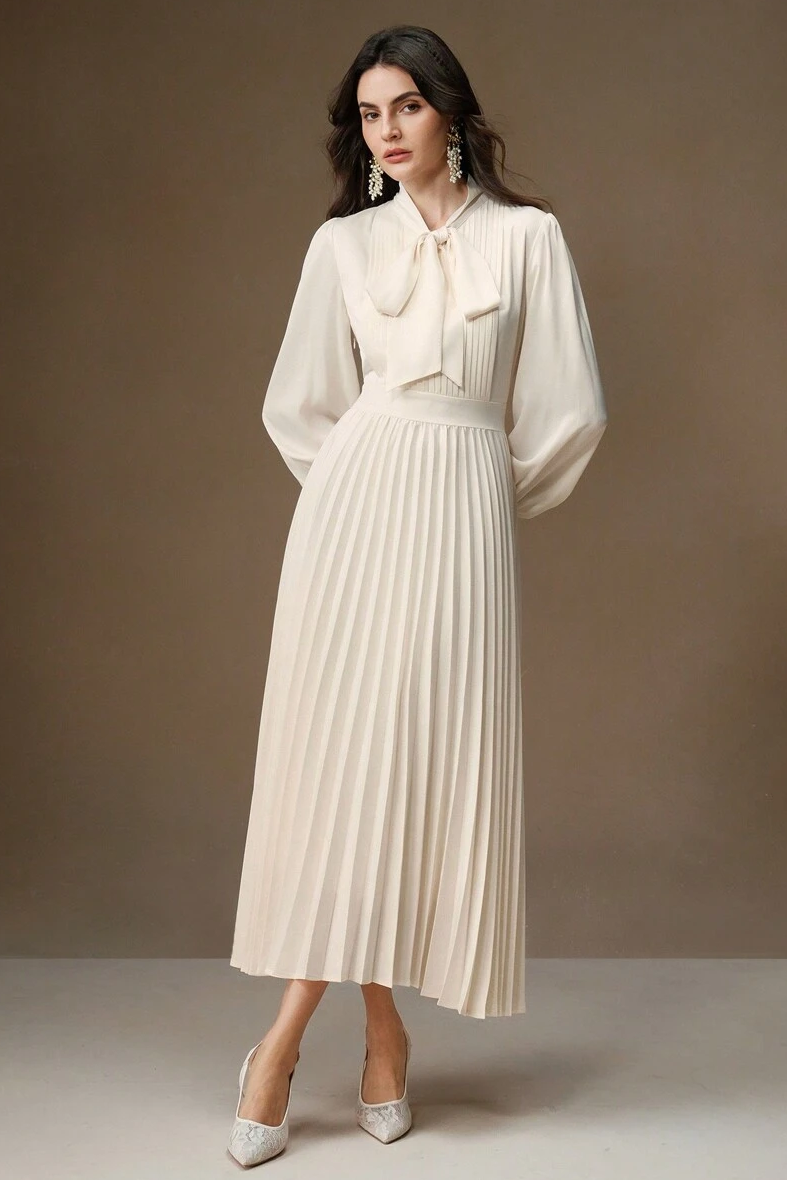 Satin Pleated Lace-Up Midi Dress