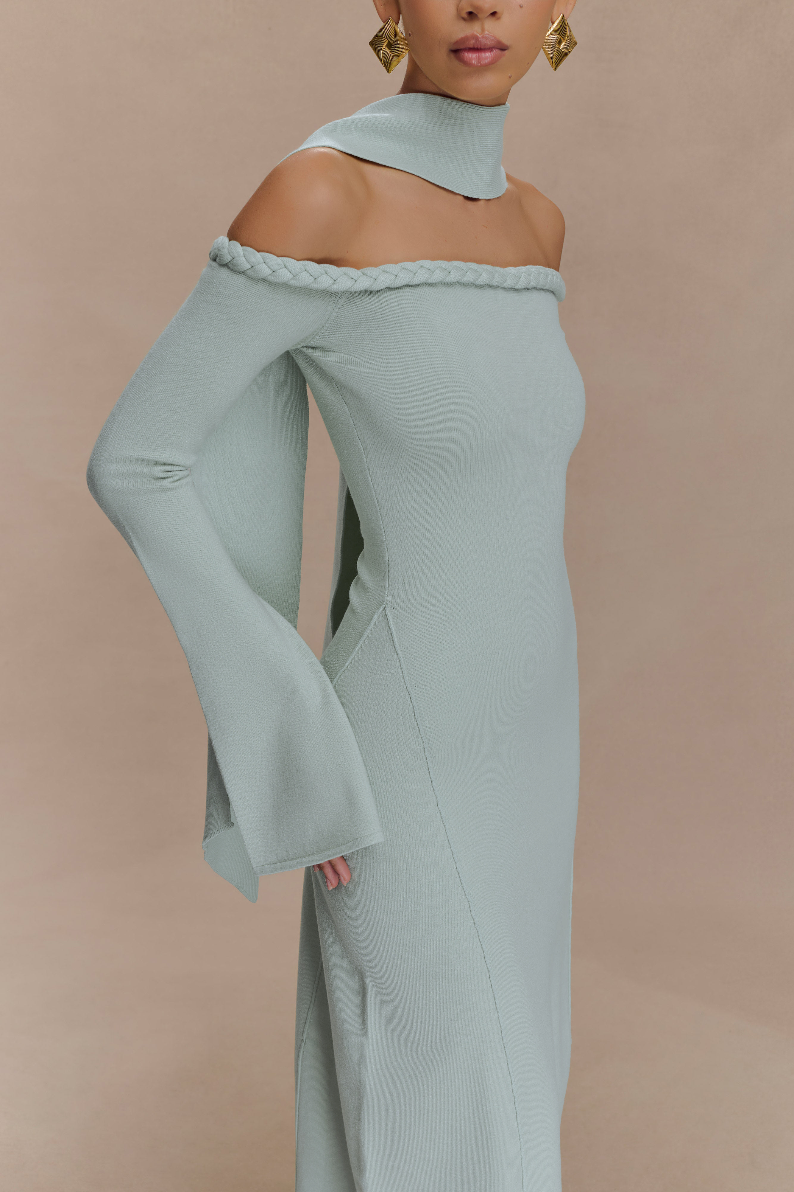 Knotted Off Shoulder Maxi Dress With Scarf