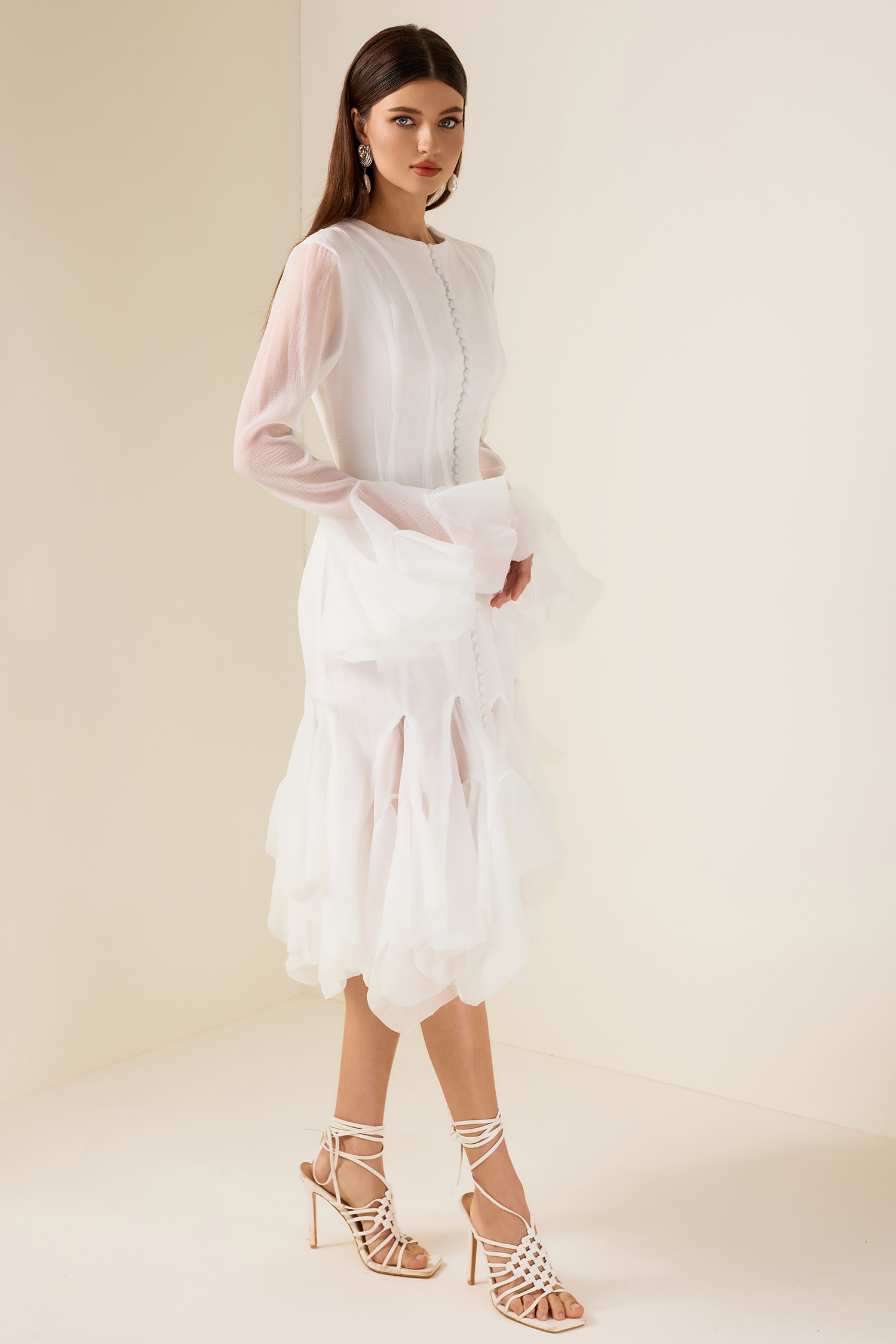Solid Ruffle Bell Sleeve Midi Dress