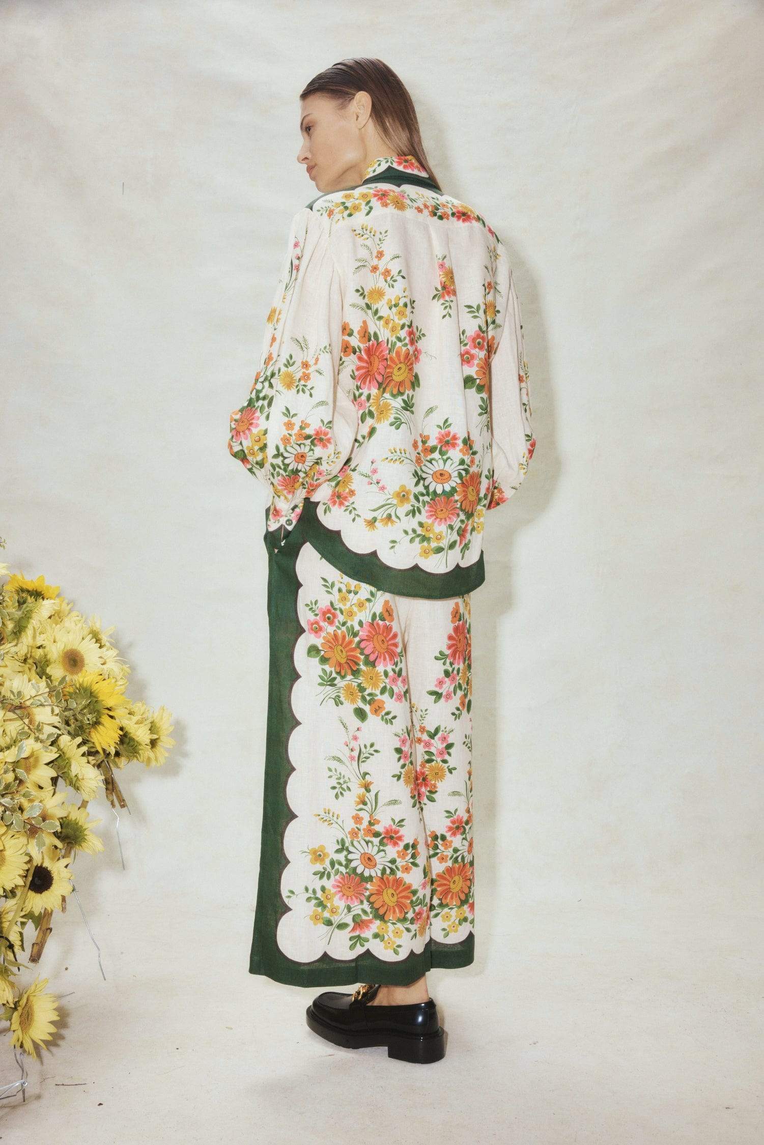 Floral Lantern Sleeve Lapel Buckle Shirt & Long Loose Pants Set