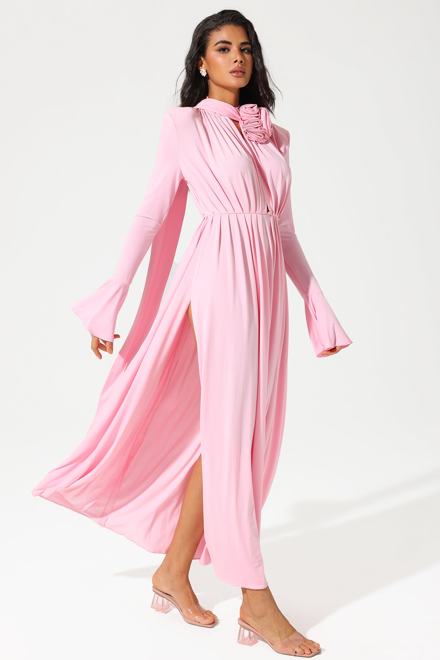 Lantern Sleeve High Collar Flower Slit Midi Dress