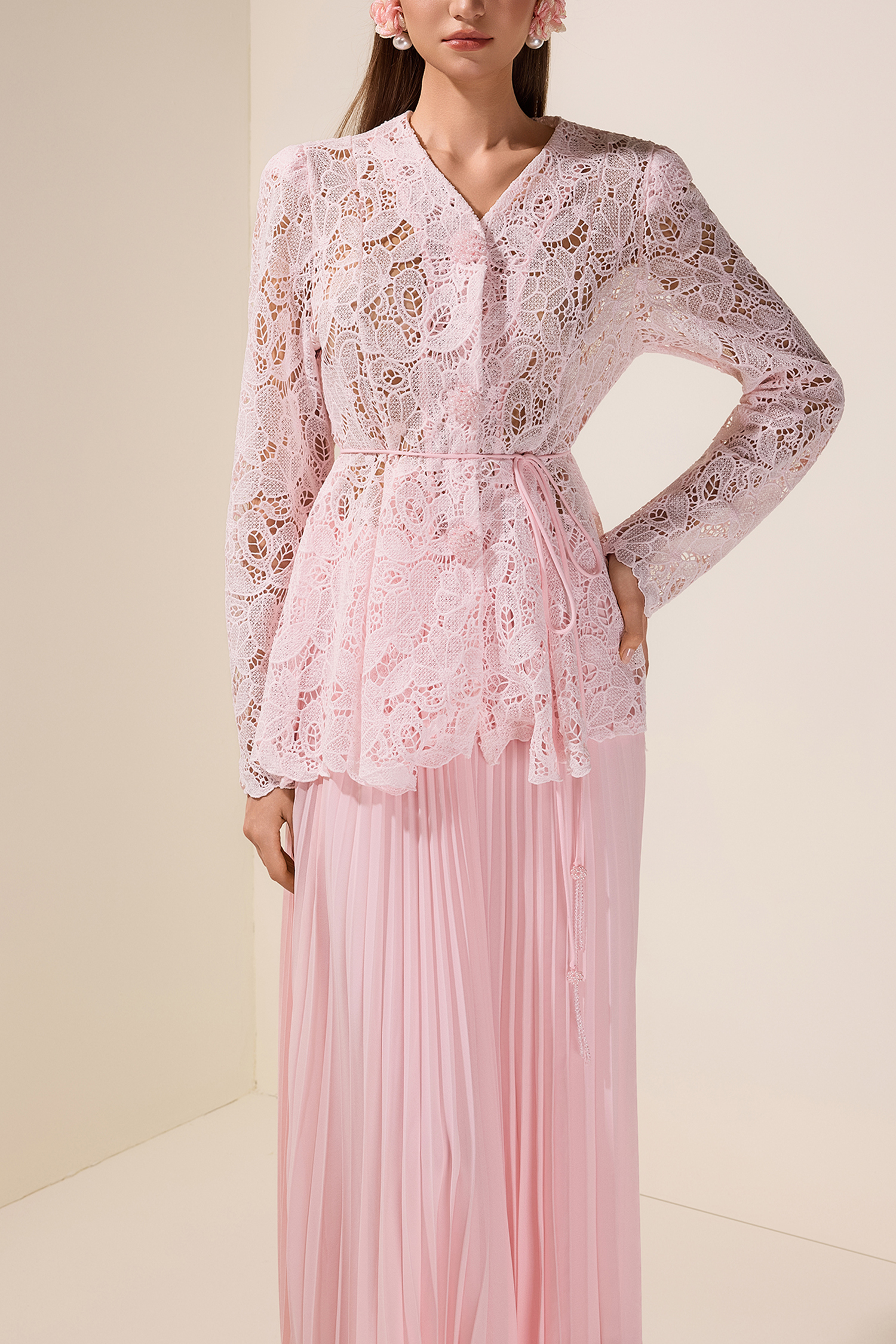 Lace Rhinestone Top With Belt & High Waist Pleated Maxi Skirt Set