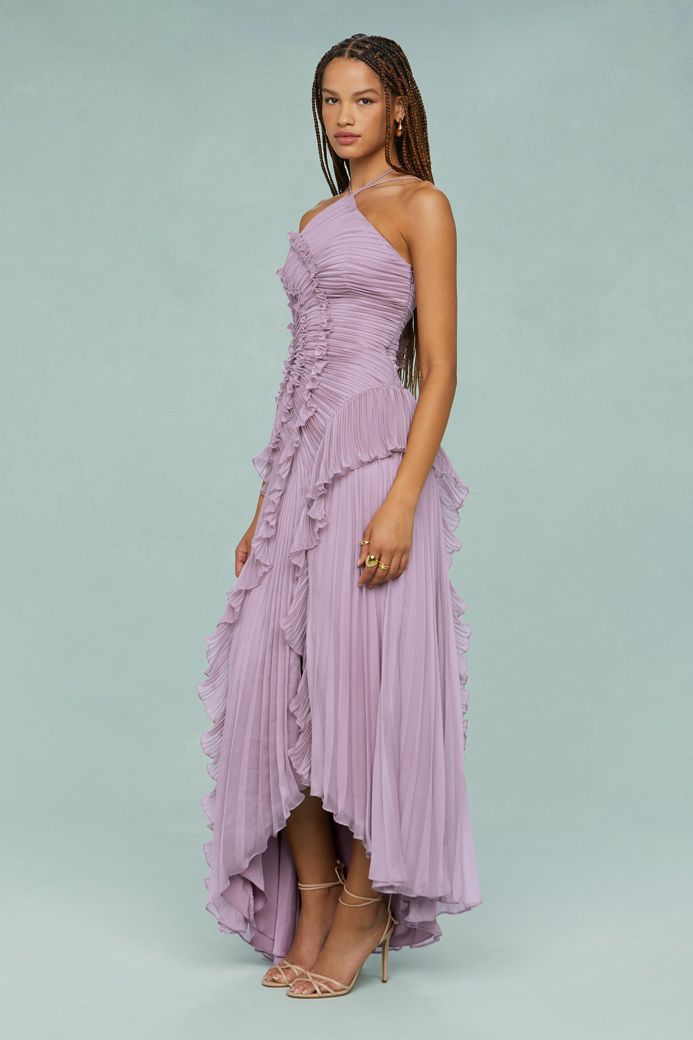 Pleated Frill Halter Neck Midi Dress