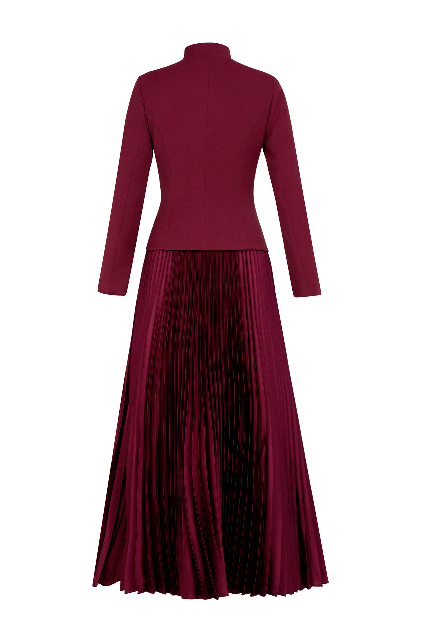 Embroidered Stand Collar Top & High Waist Pleated Maxi Skirt Set