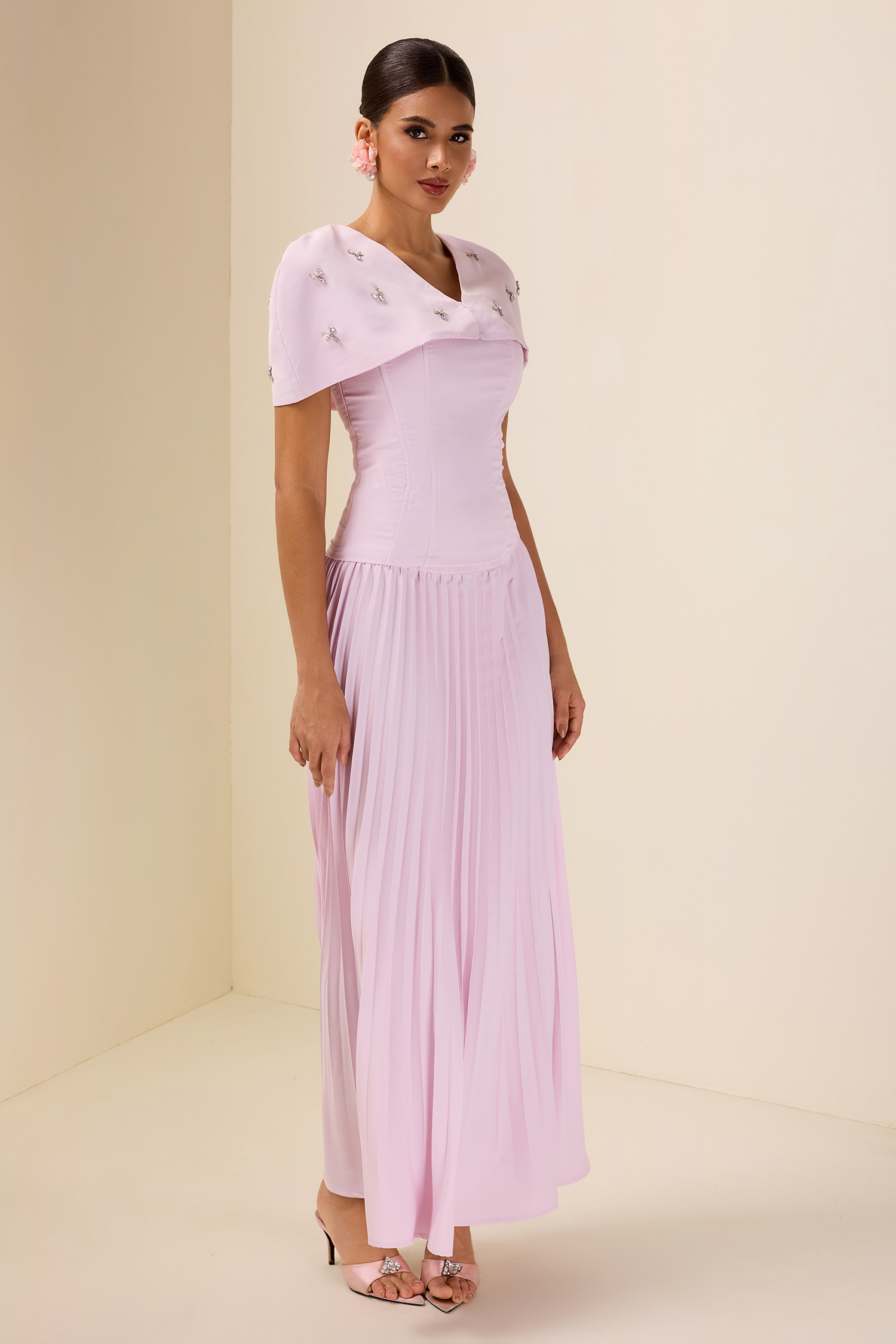 Off-Shoulder Solid Top With Cape & High Waist Pleat Midi Skirt Set
