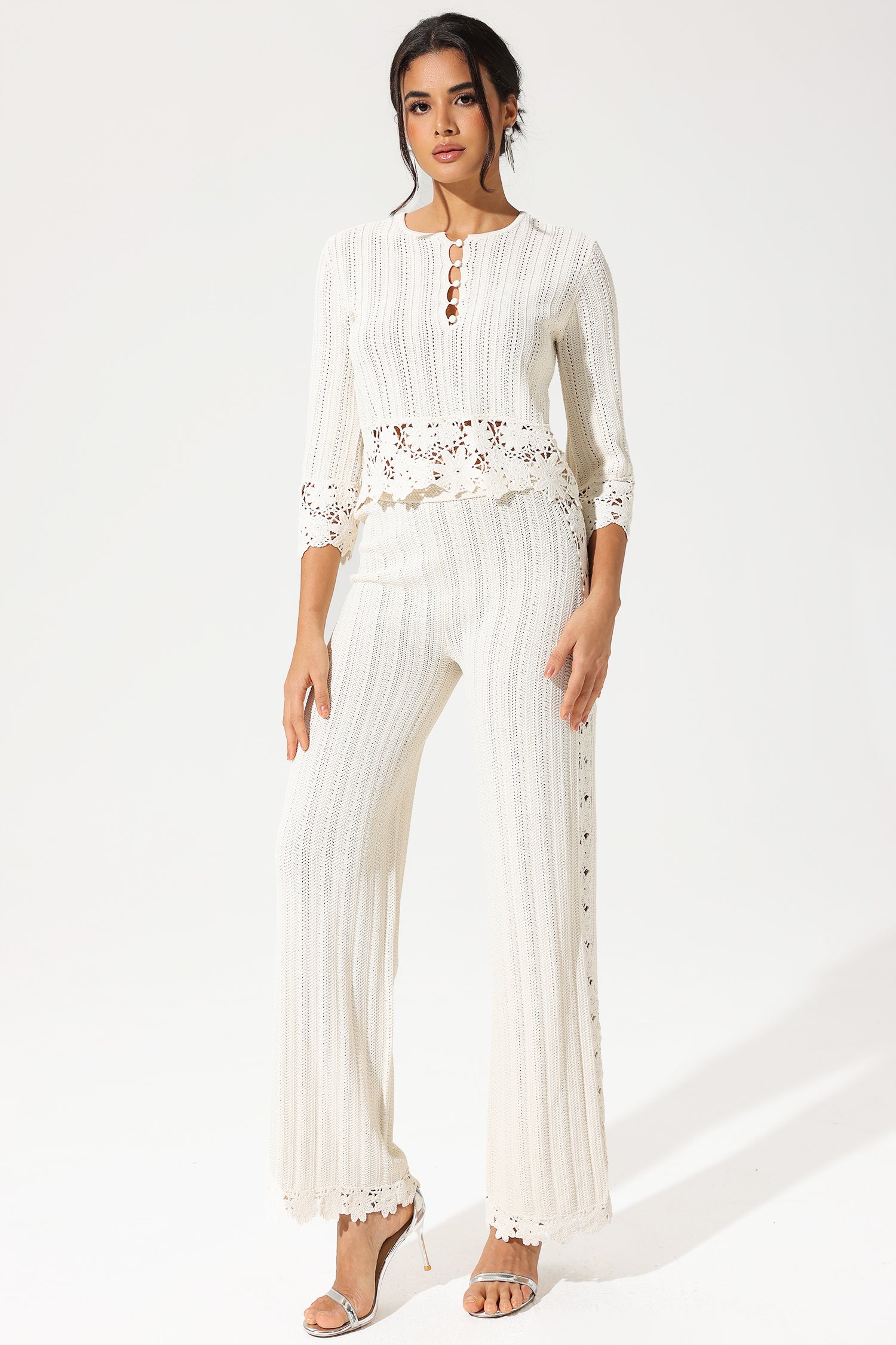 Crew Collar Cut-Out Lace Hem Knit Top & High Waist Lace Pants Set