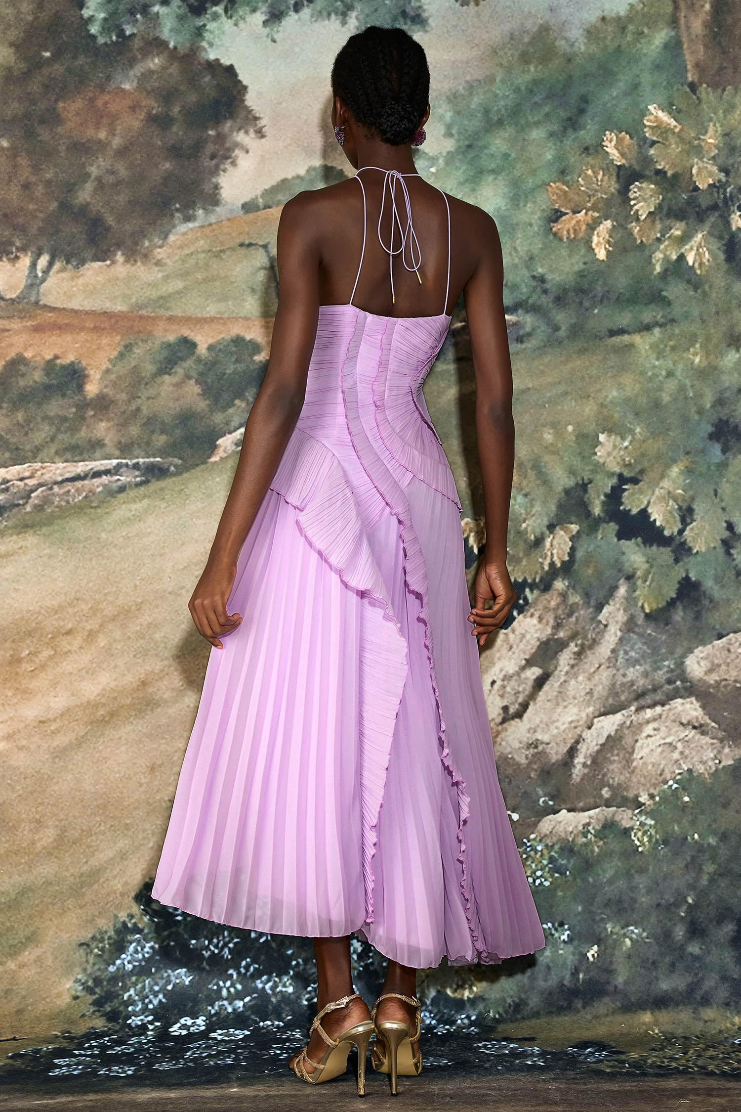 Pleated Frill Halter Neck Midi Dress