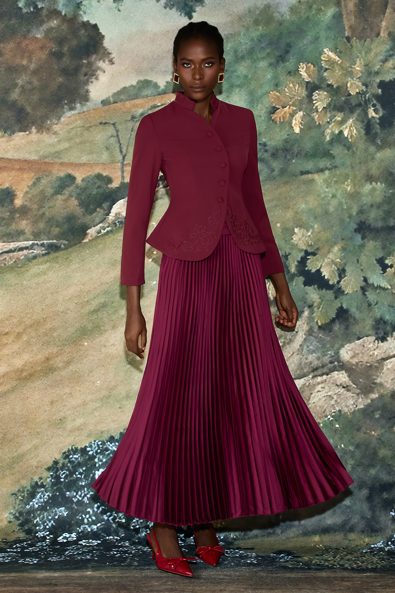 Embroidered Stand Collar Top & High Waist Pleated Maxi Skirt Set