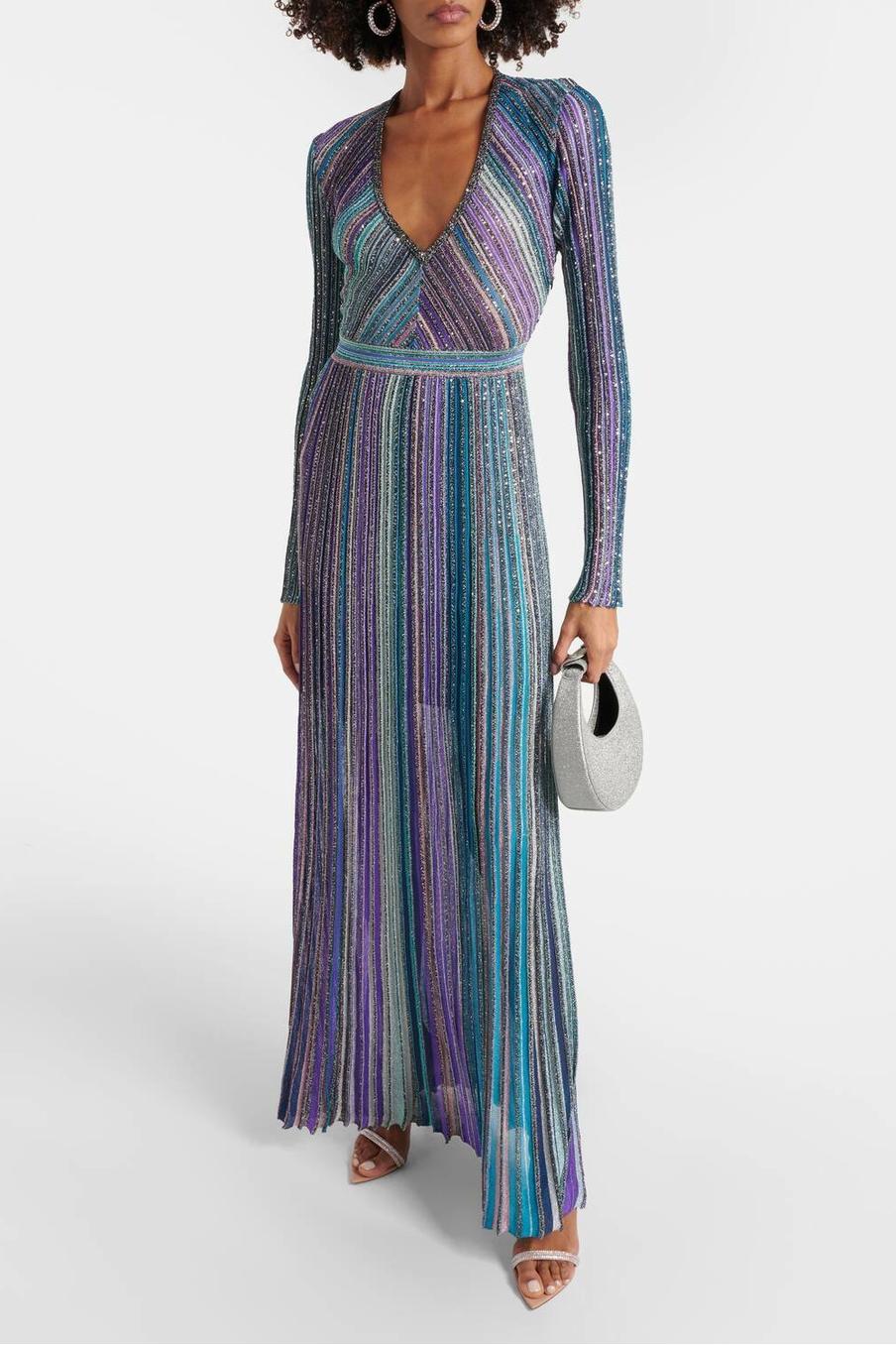 Knit Contrast Color V-Neck Midi Dress