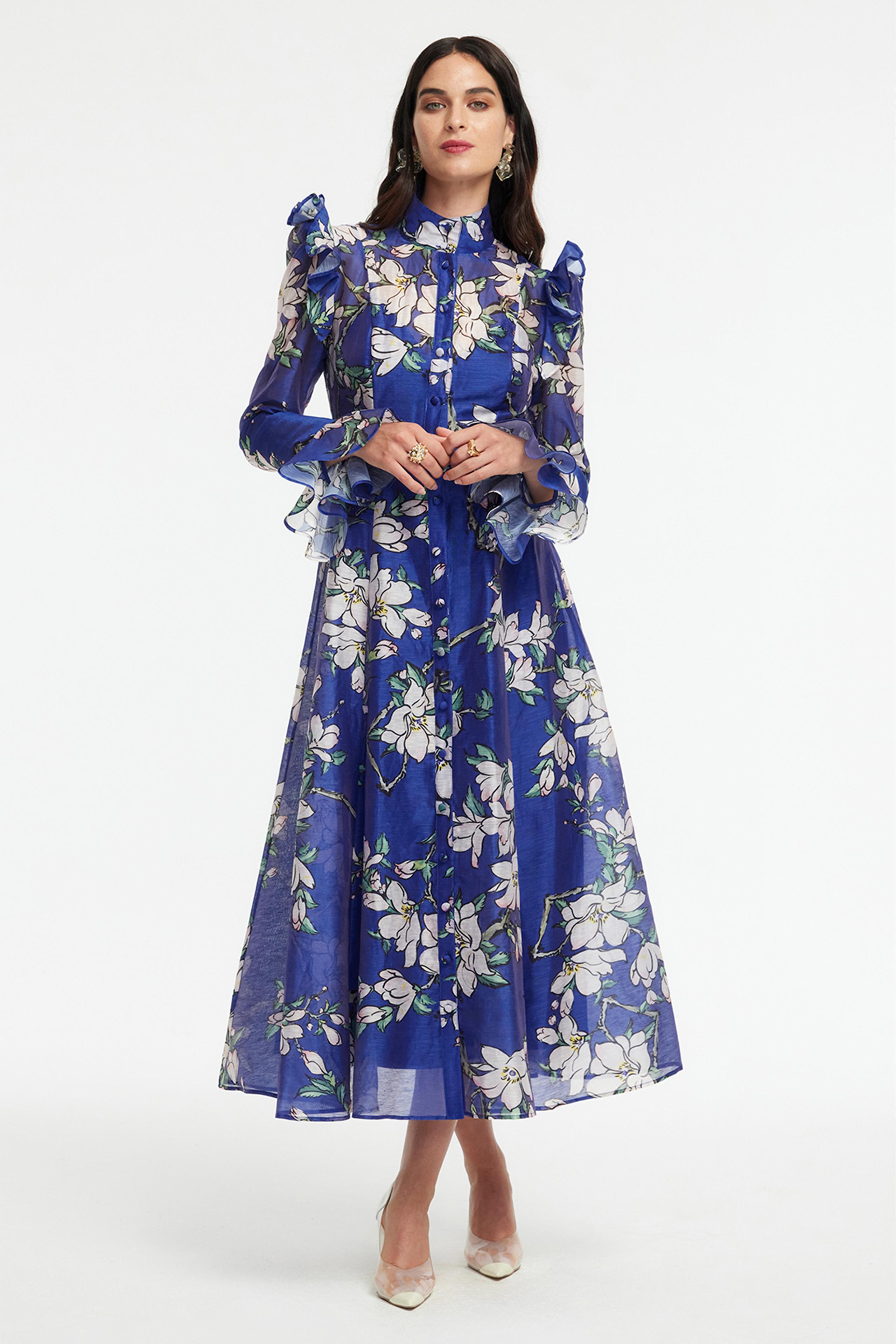 Floral Ruffle Midi Dress With Belt