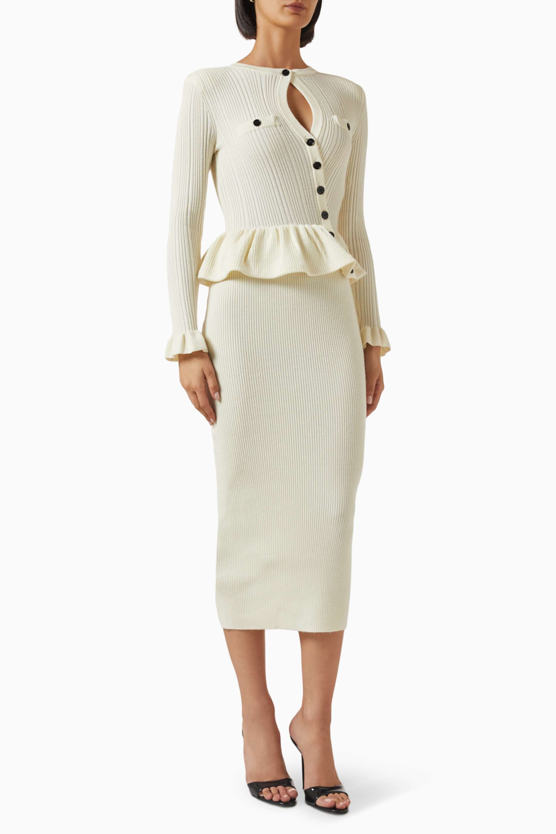 Knit Ruffle Button Top & High Waist Midi Skirt Set