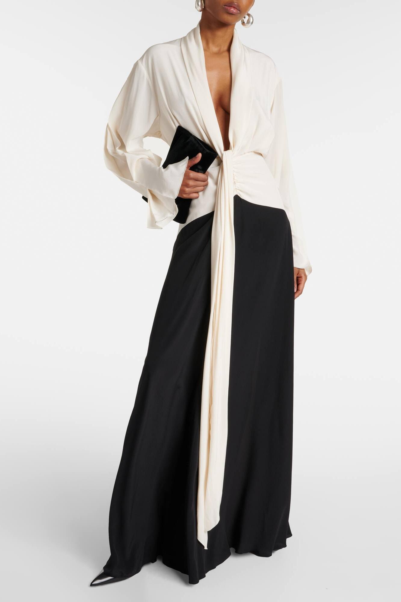 Contrast Color Splicing Lace-Up Maxi Dress