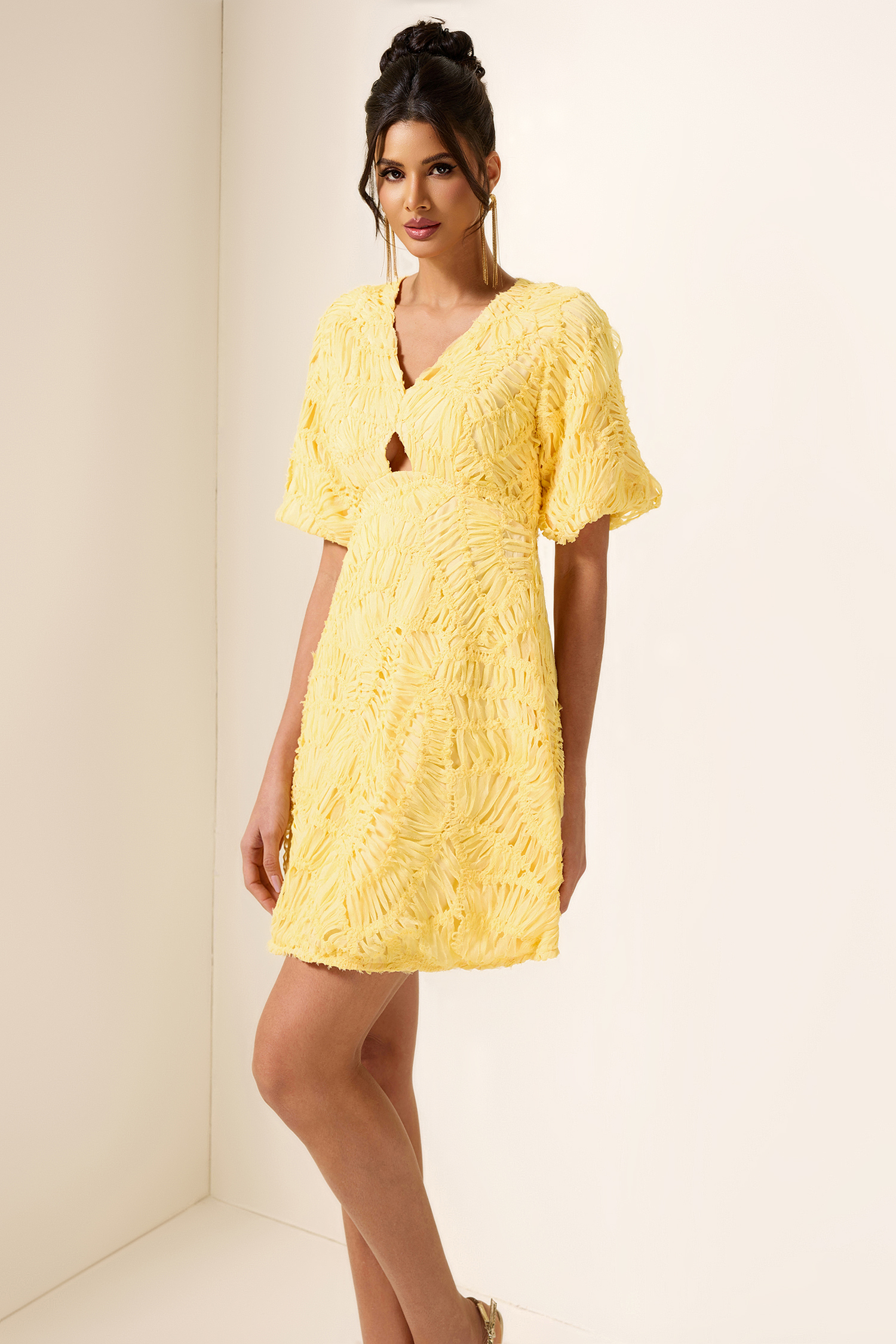 Cut-Out V-Neck Puff Sleeve Mini Dress