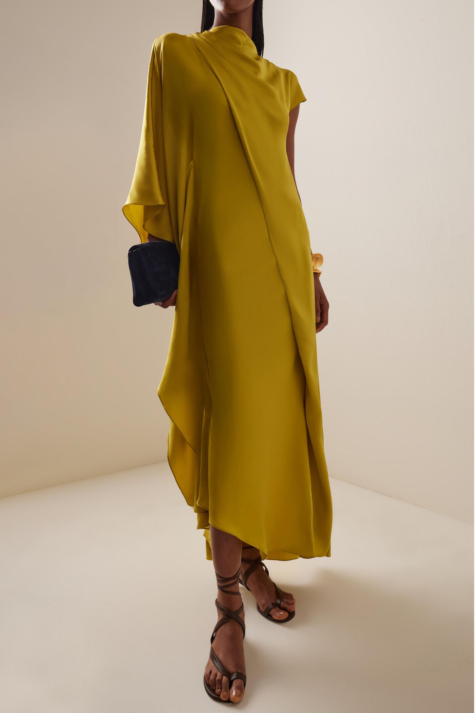 Satin Asymmetrical Sleeve Midi Dress