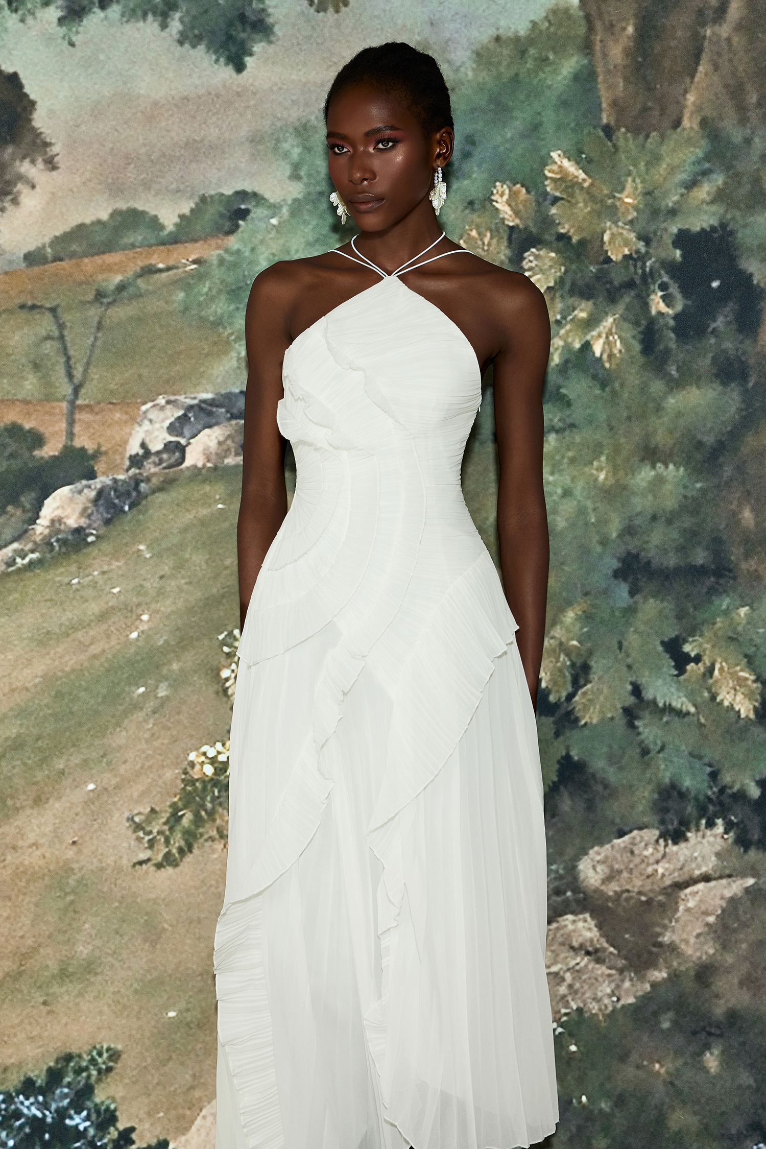 Pleated Frill Halter Neck Midi Dress