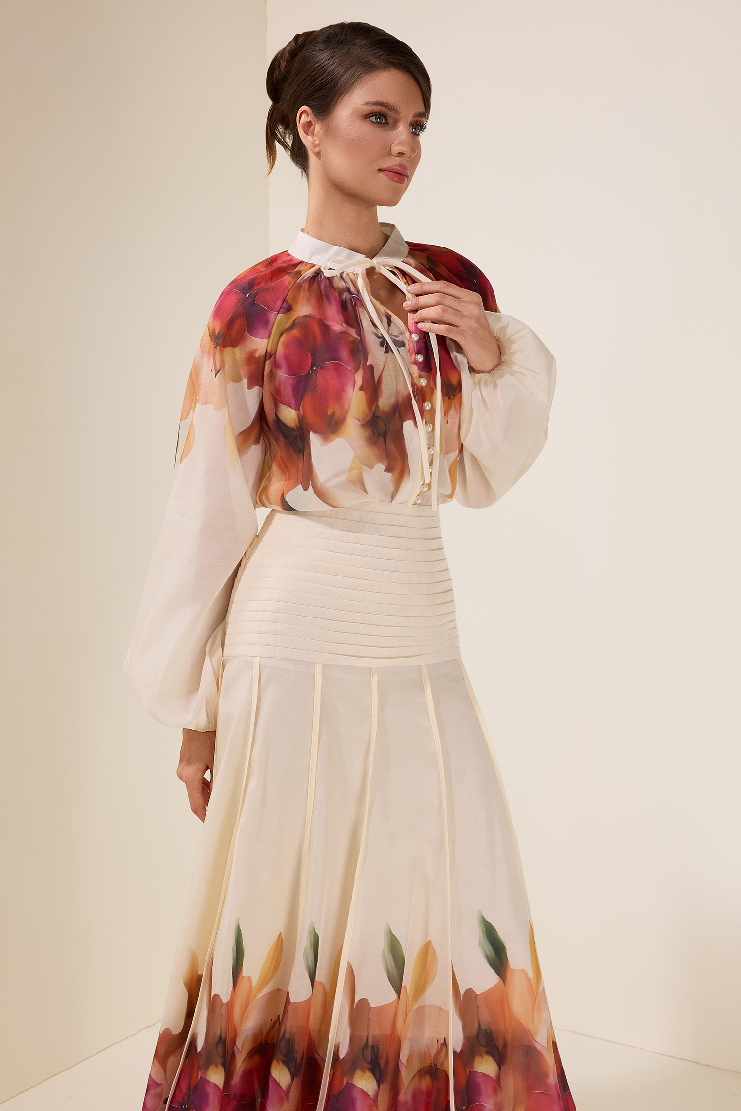 Floral Lace-Up Top & Pleated High Waist Midi Skirt Set