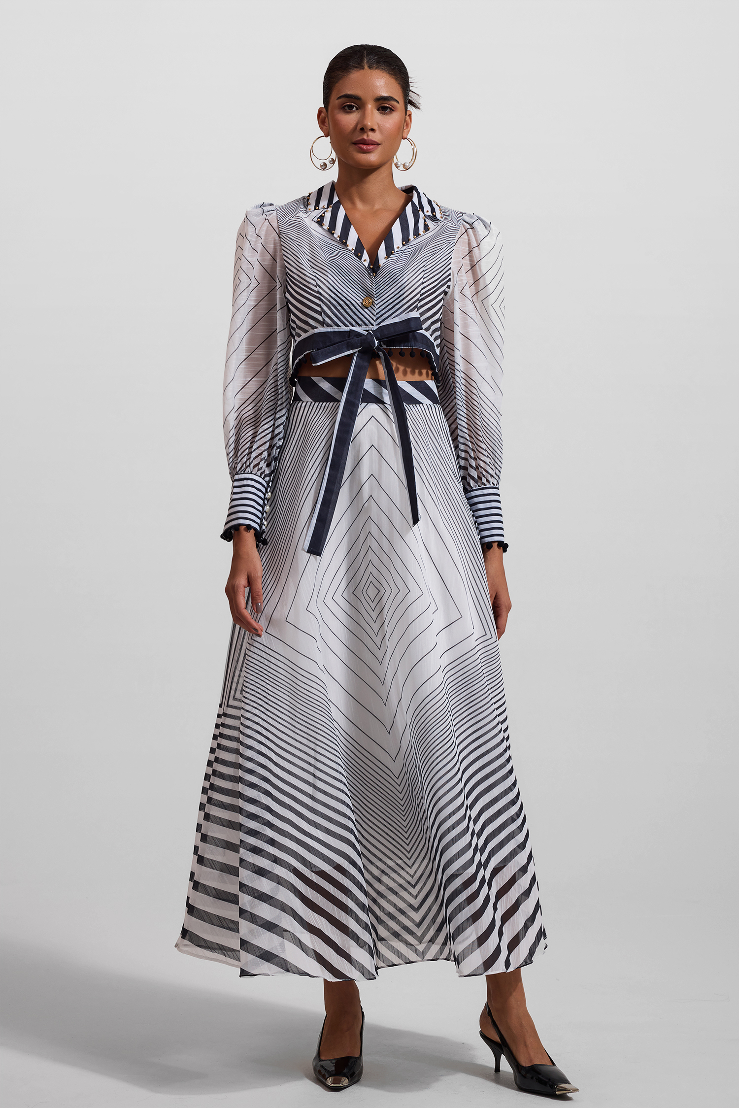 Stripe Lace Up Long Sleeve Top & Mid Waist Pleat Midi Skirt Set